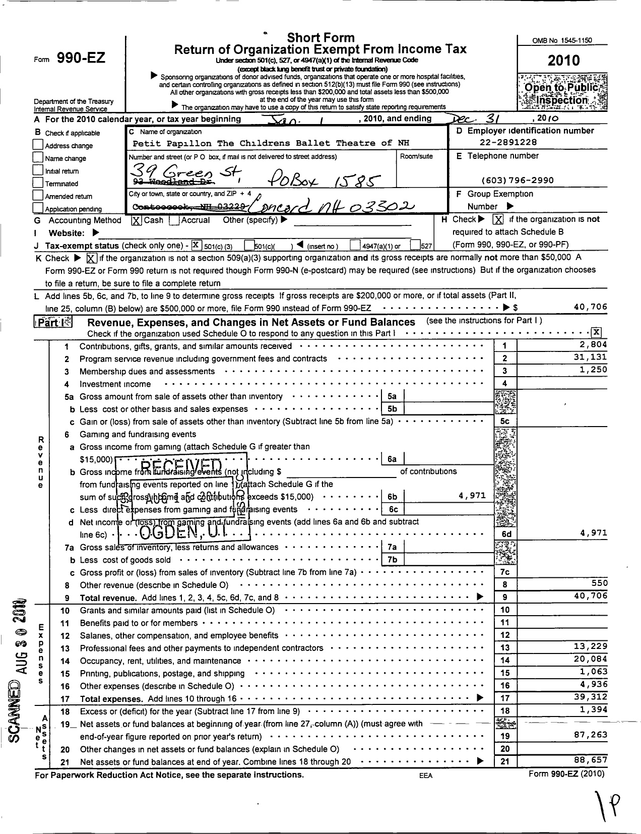 Image of first page of 2010 Form 990EZ for Petit Papillon Childrens Ballet Theatre of NH