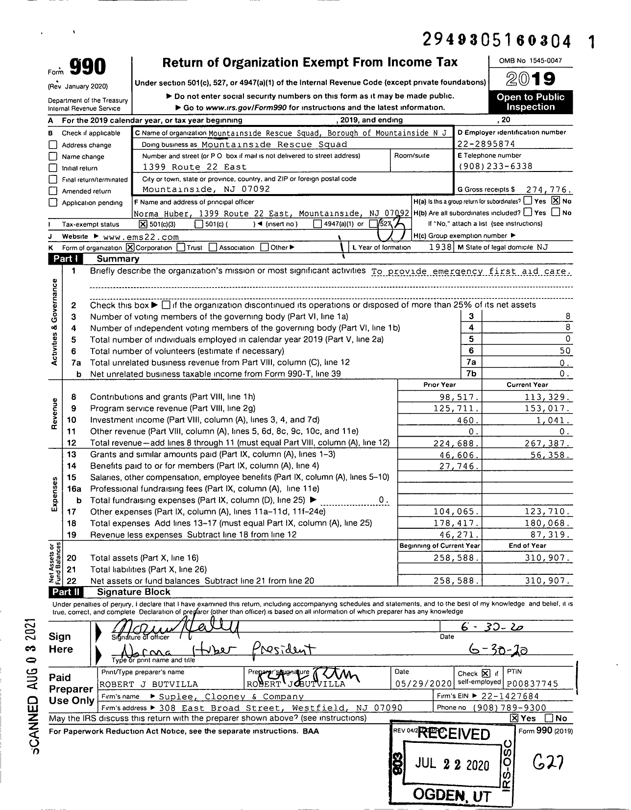 Image of first page of 2019 Form 990 for Mountainside Rescue Squad