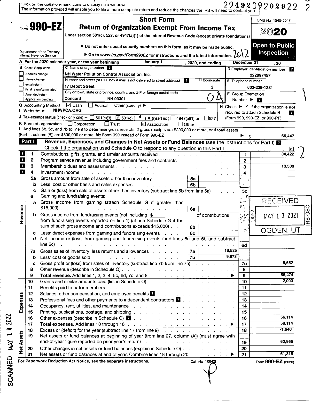 Image of first page of 2020 Form 990EO for New Hampshire Water Pollution Control Association