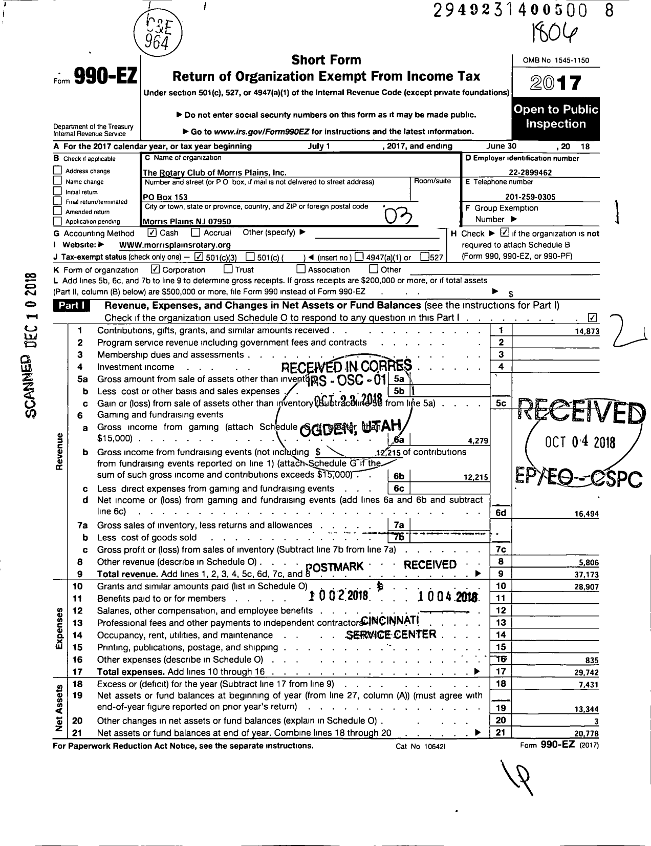 Image of first page of 2017 Form 990EZ for Rotary Club of Morris Plains