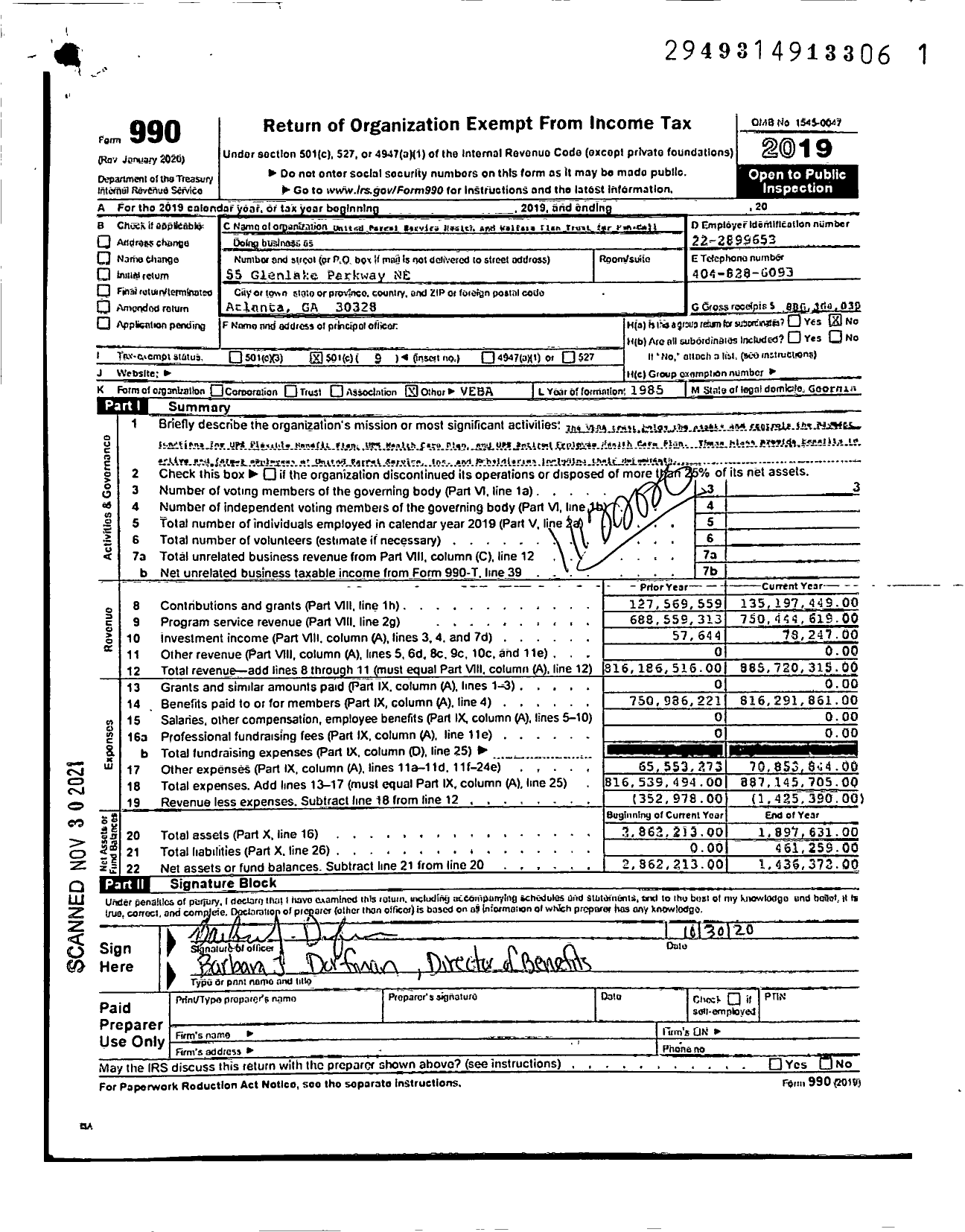 Image of first page of 2019 Form 990O for United Parcel Service Health and Welfare Plan Trust For Non-Collect