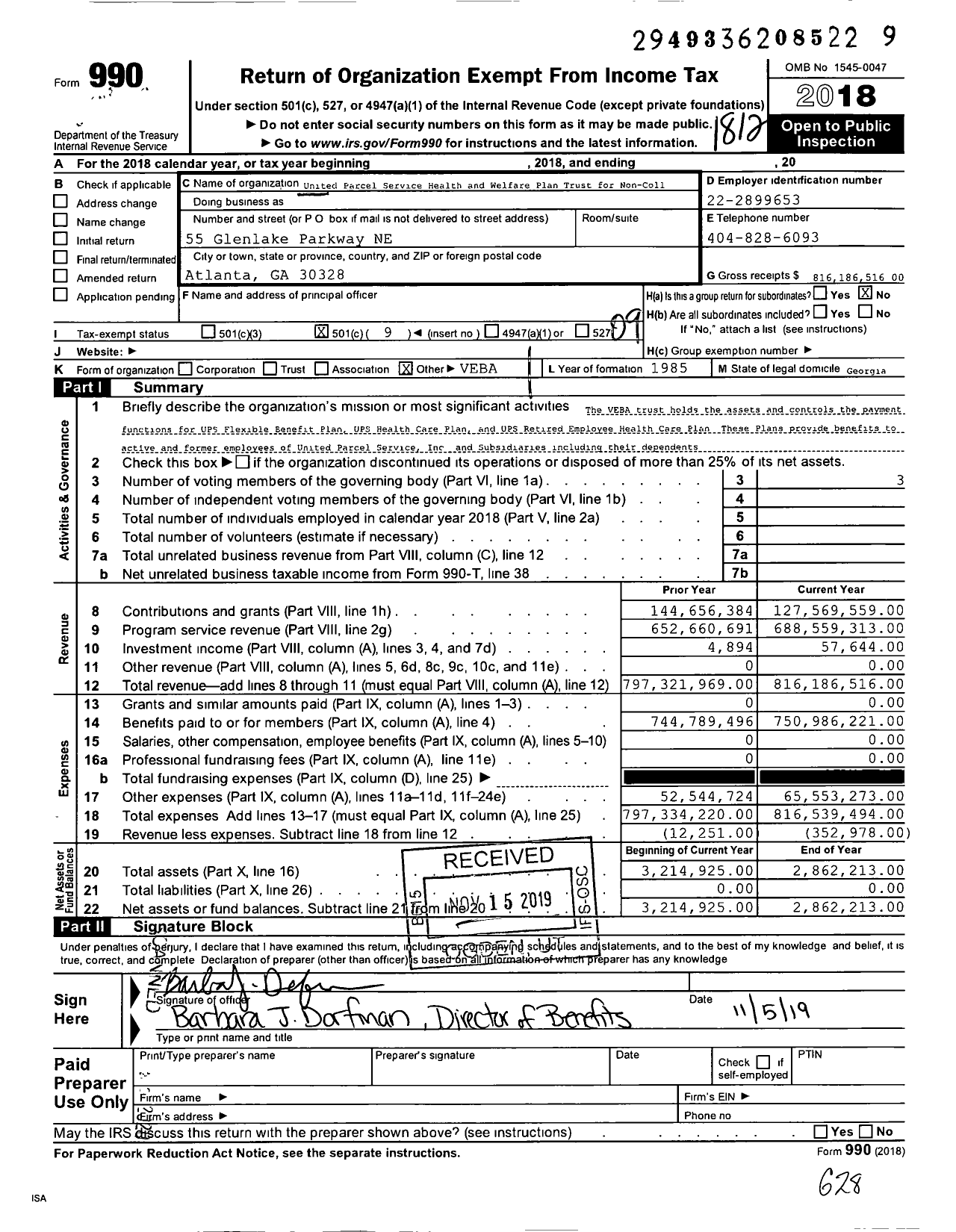 Image of first page of 2018 Form 990O for United Parcel Service Health and Welfare Plan Trust For Non-Collect