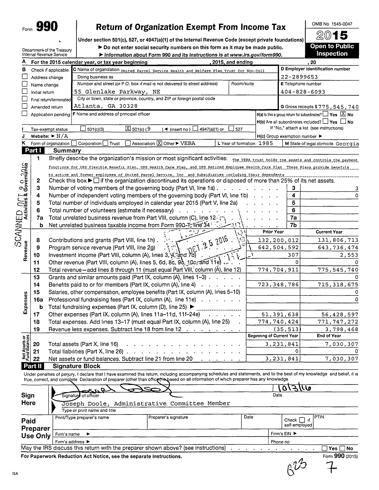 Image of first page of 2015 Form 990O for United Parcel Service Health and Welfare Plan Trust For Non-Collect