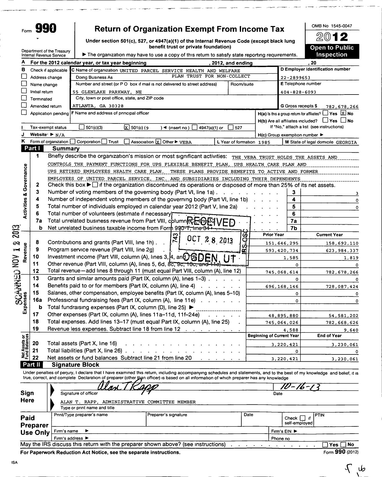 Image of first page of 2012 Form 990O for United Parcel Service Health and Welfare Plan Trust For Non-Collect