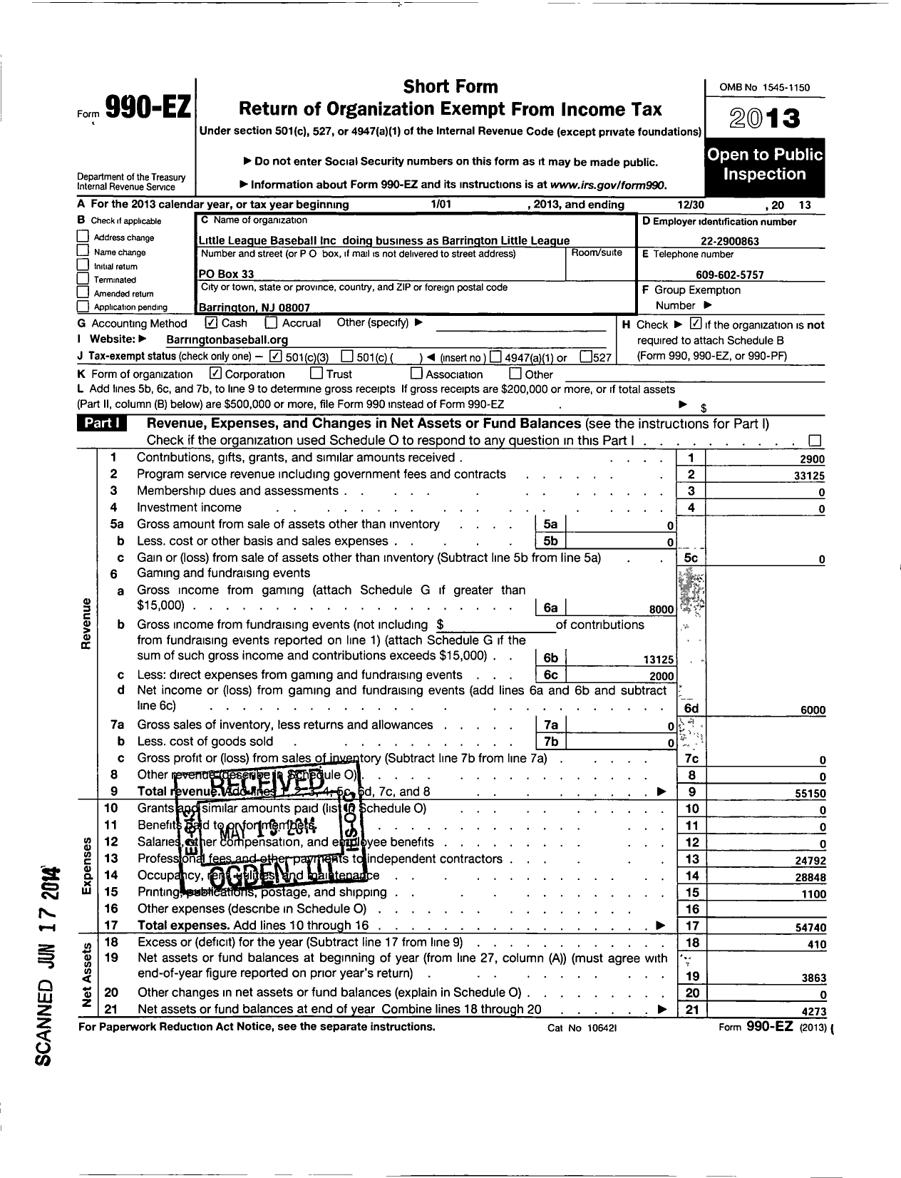 Image of first page of 2013 Form 990EZ for Little League Baseball - 2301403 Barrington LL