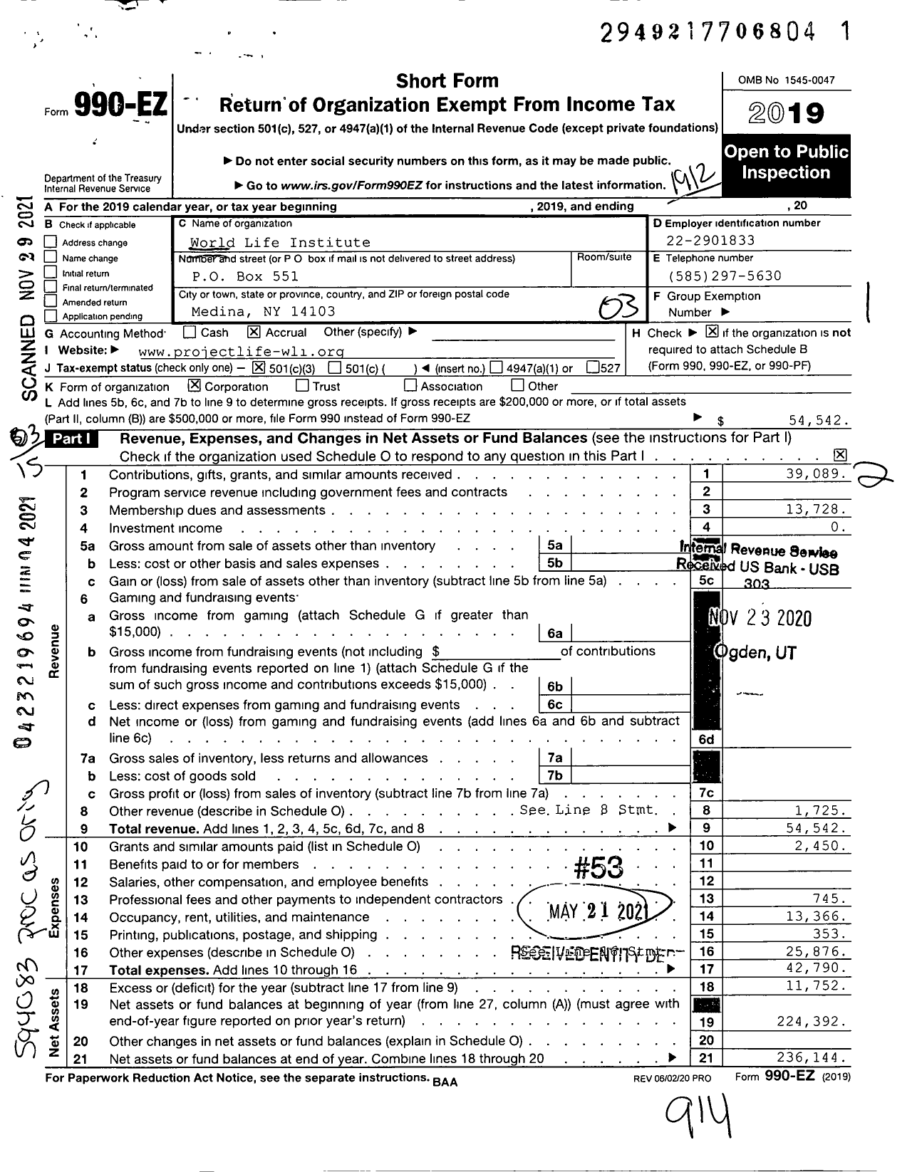 Image of first page of 2019 Form 990EZ for World Life Institute
