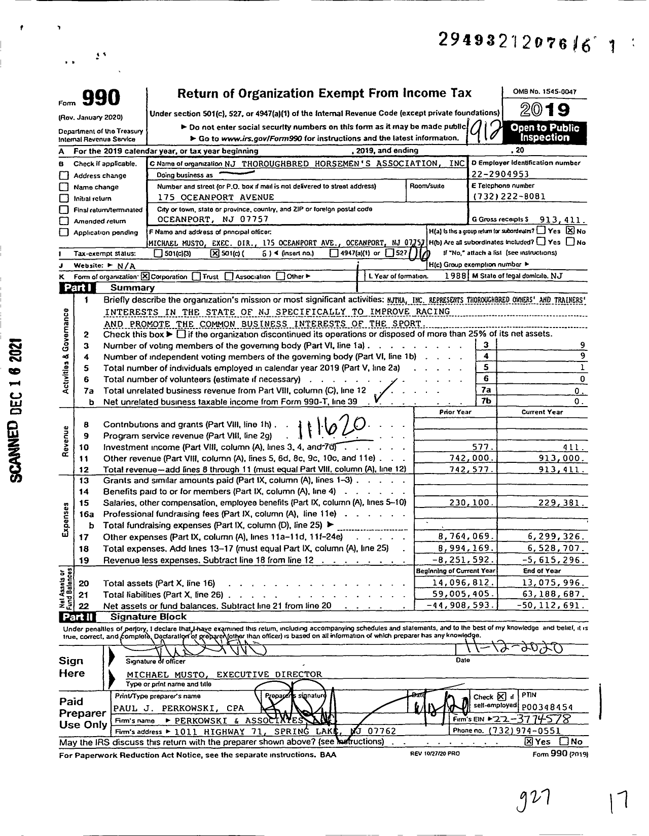 Image of first page of 2019 Form 990O for NJ Thoroughbred Horsemen's Association