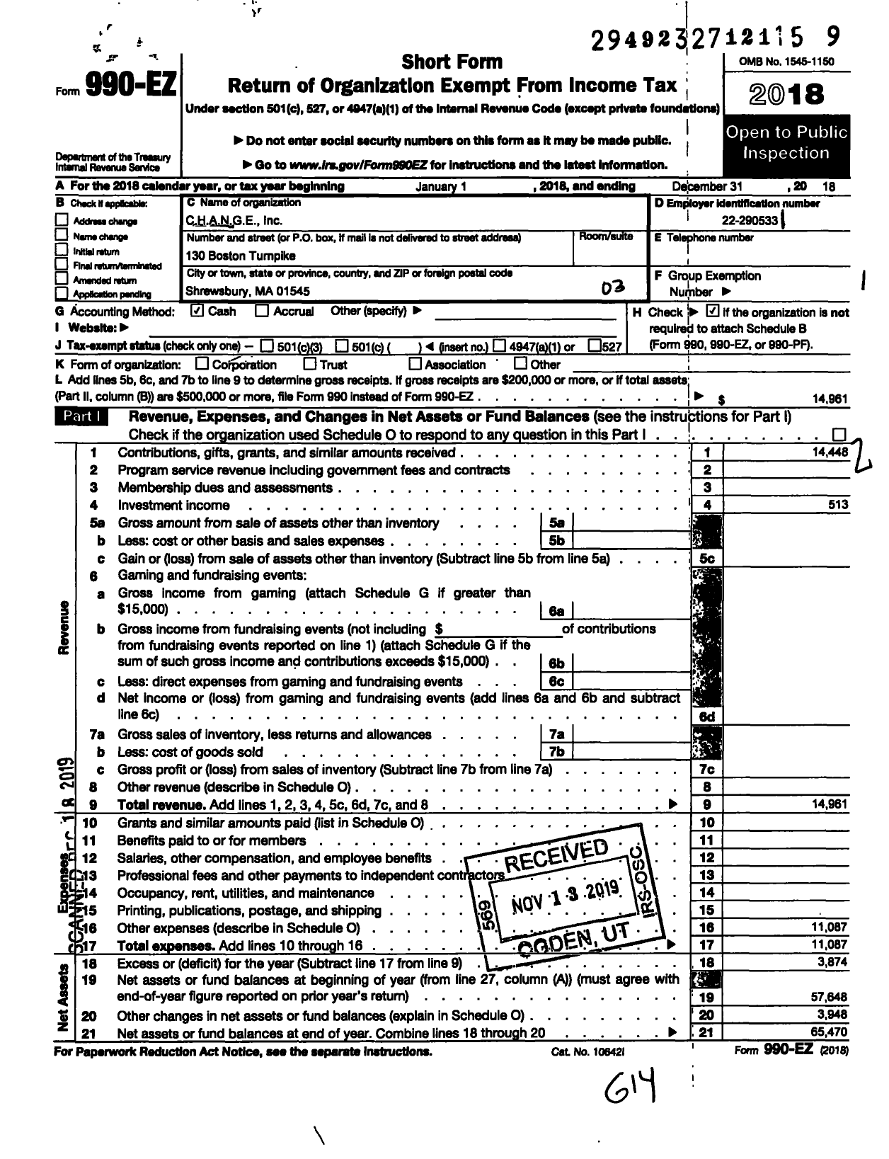 Image of first page of 2018 Form 990EZ for Change / C H A N G E Inc