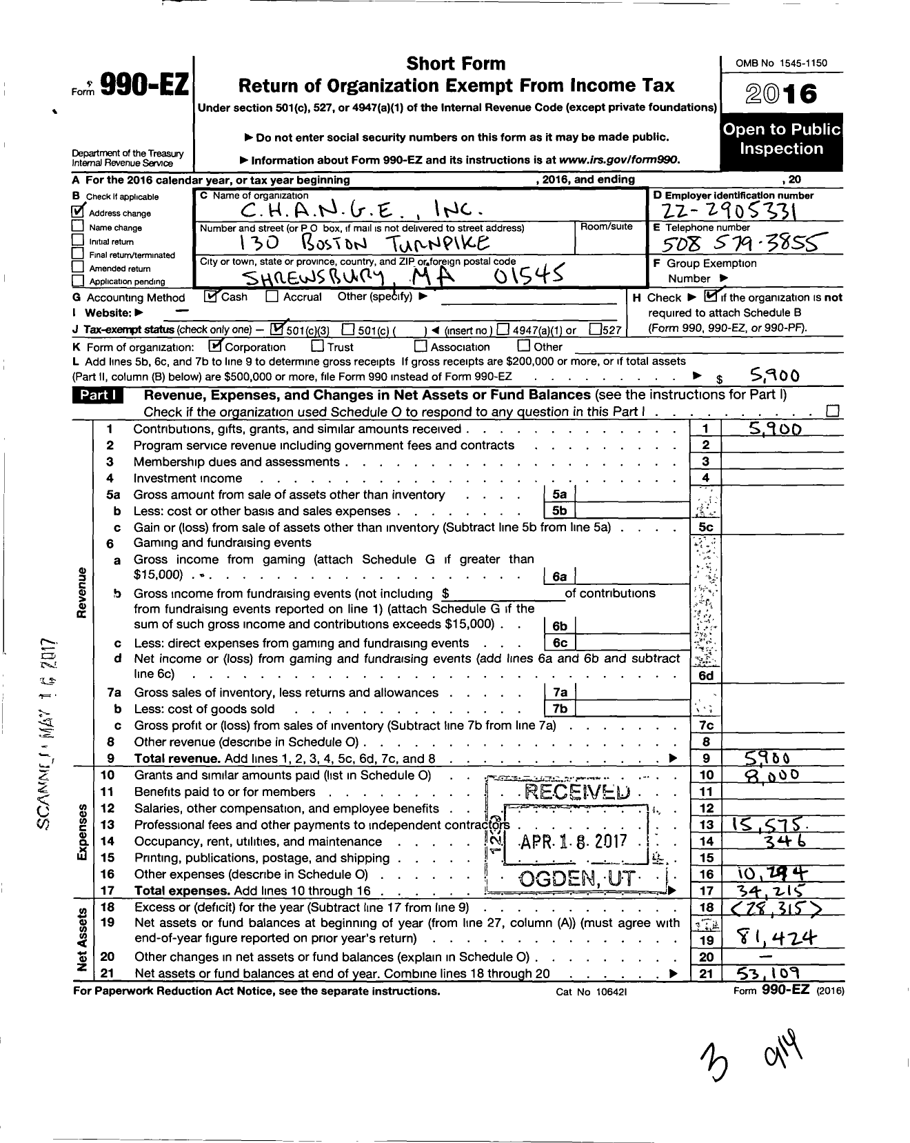 Image of first page of 2016 Form 990EZ for Change / C H A N G E Inc