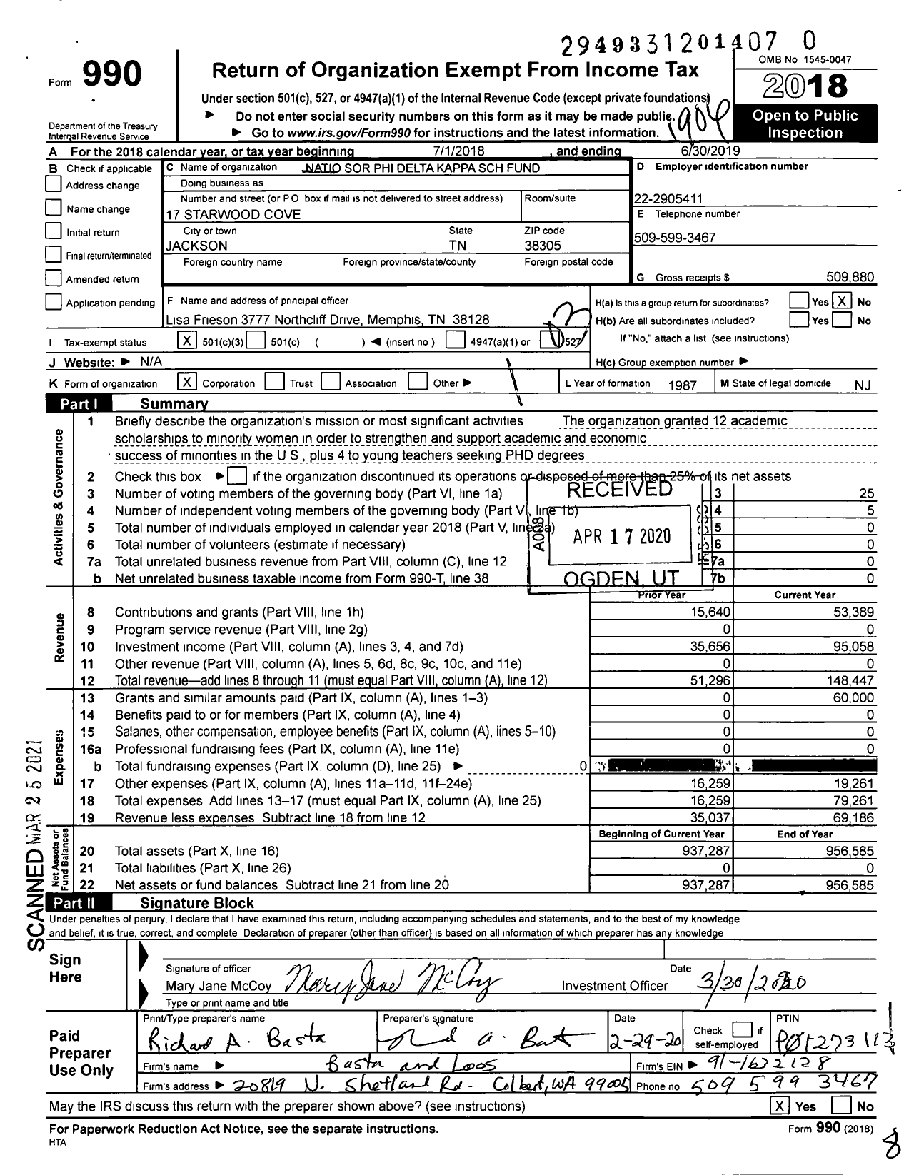 Image of first page of 2018 Form 990 for National Sorority of Phi Delta Kappa / Perpetual Scholarship Fund Pres