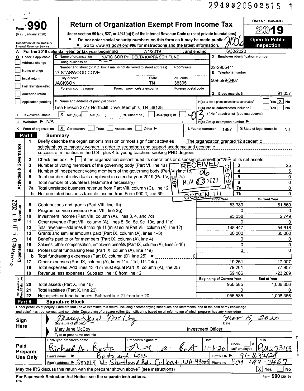 Image of first page of 2019 Form 990 for National Sorority of Phi Delta Kappa / Perpetual Scholarship Fund Pres