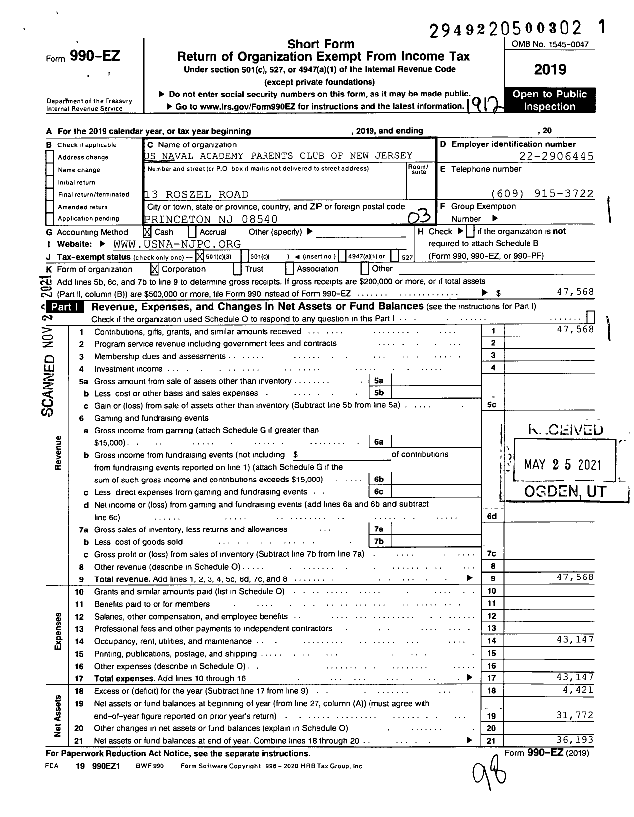 Image of first page of 2019 Form 990EZ for United States Naval Academy Parents Club of New Jersey