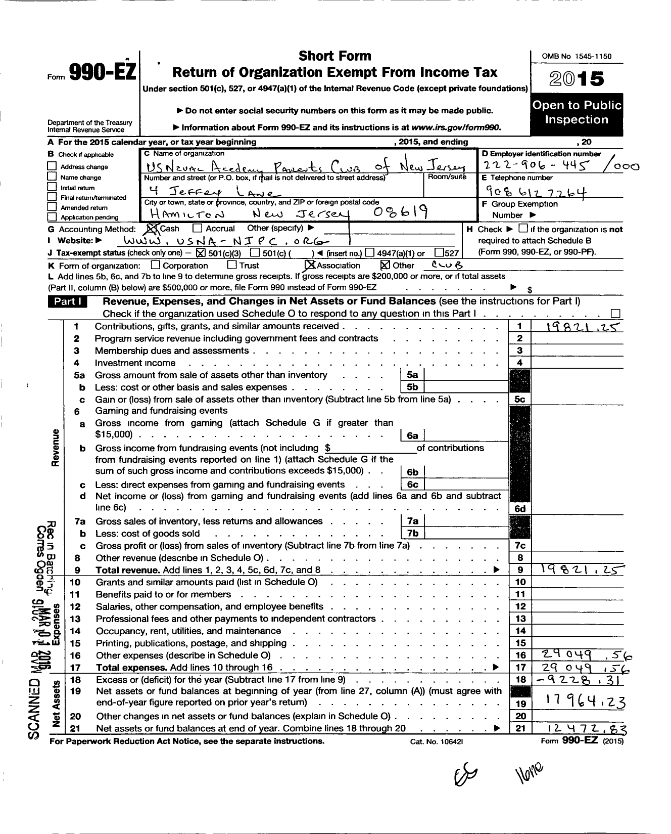 Image of first page of 2015 Form 990EZ for United States Naval Academy Parents Club of New Jersey