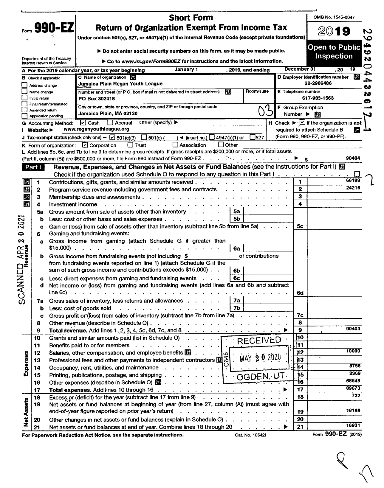 Image of first page of 2019 Form 990EZ for Jamaica Plain Regan Youth League