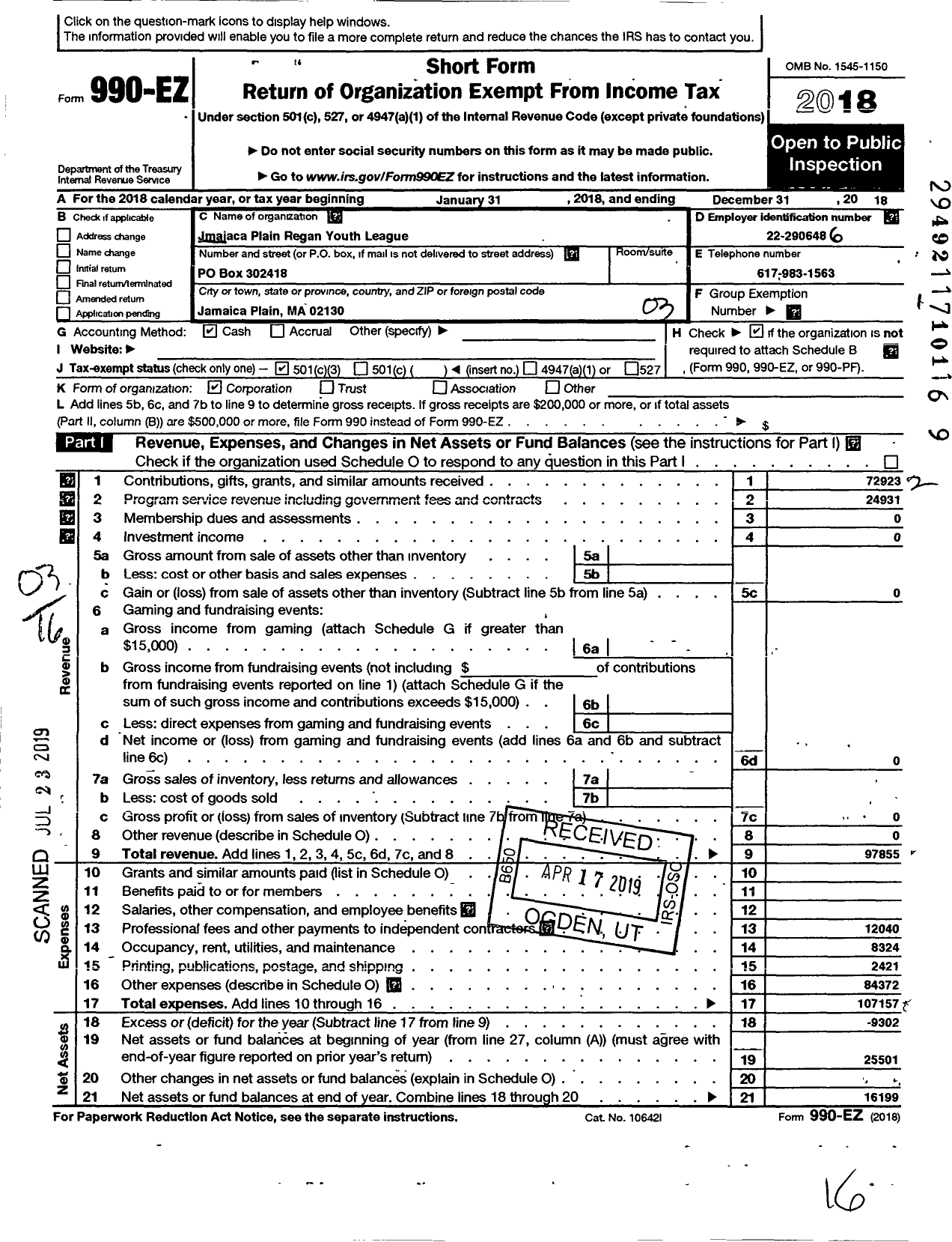 Image of first page of 2018 Form 990EZ for Jamaica Plain Regan Youth League