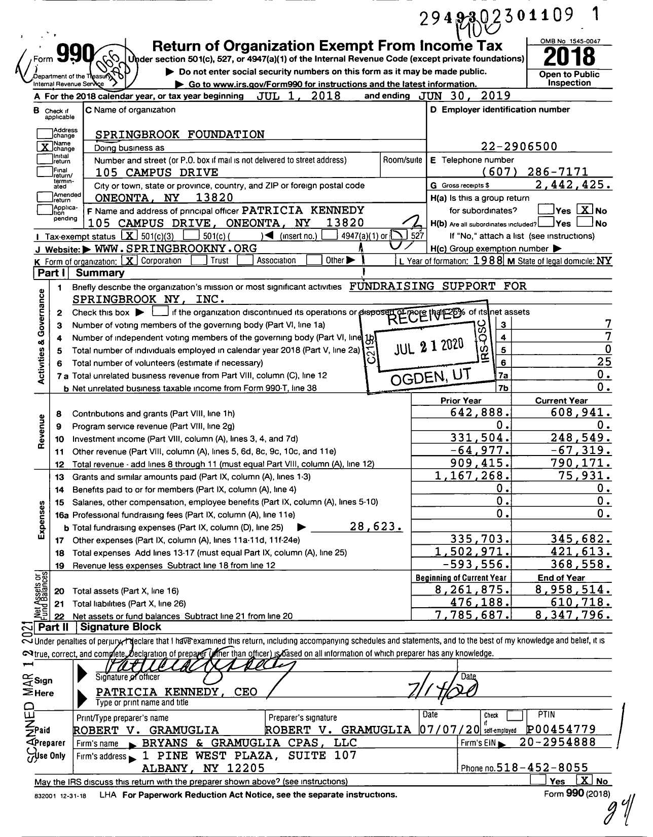 Image of first page of 2018 Form 990 for Springbrook Foundation / Upstate Home for Children Foundation Inc