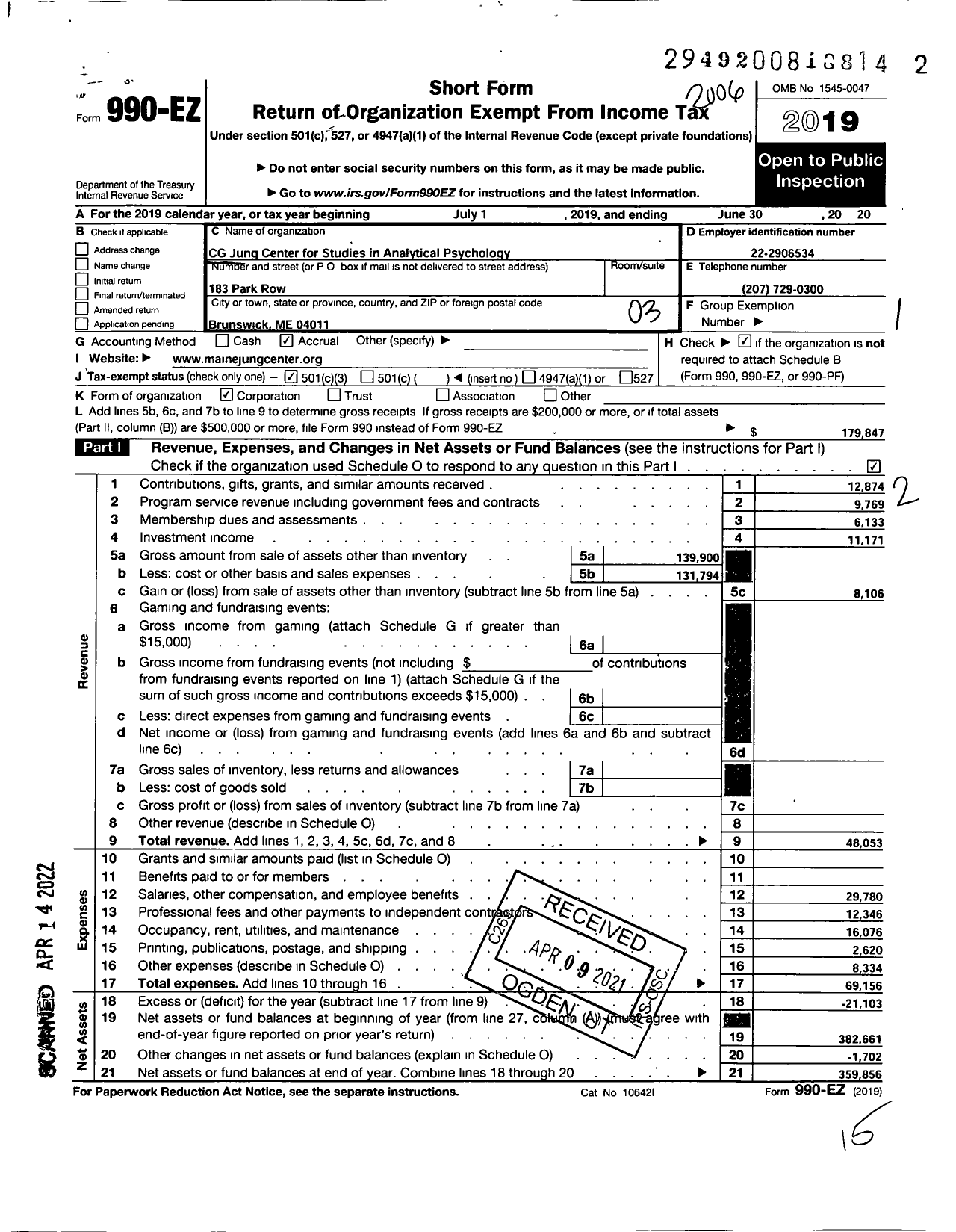 Image of first page of 2019 Form 990EZ for C G Jung Center for Studies in Analytical Psychology