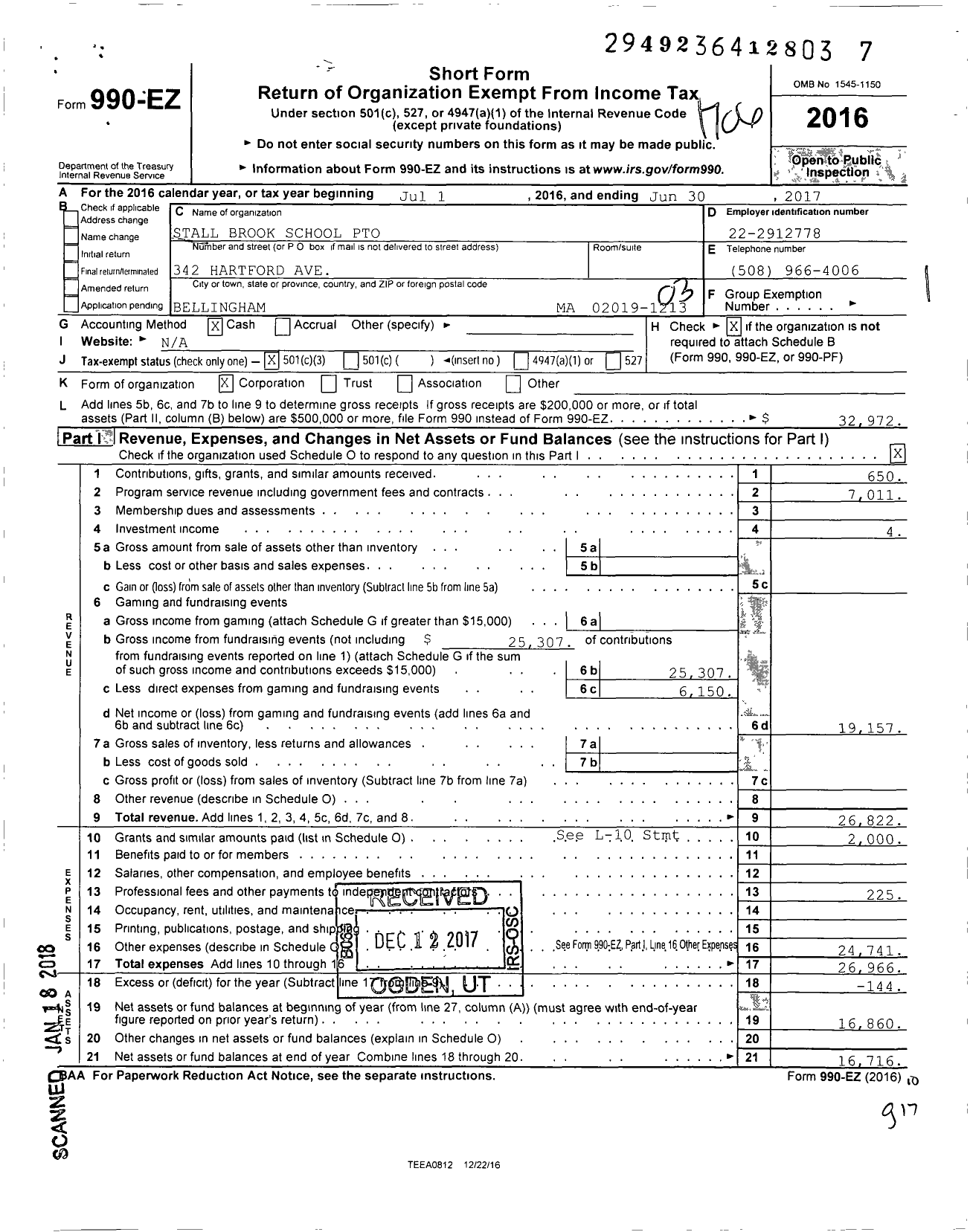 Image of first page of 2016 Form 990EZ for Stall Brook School Pto