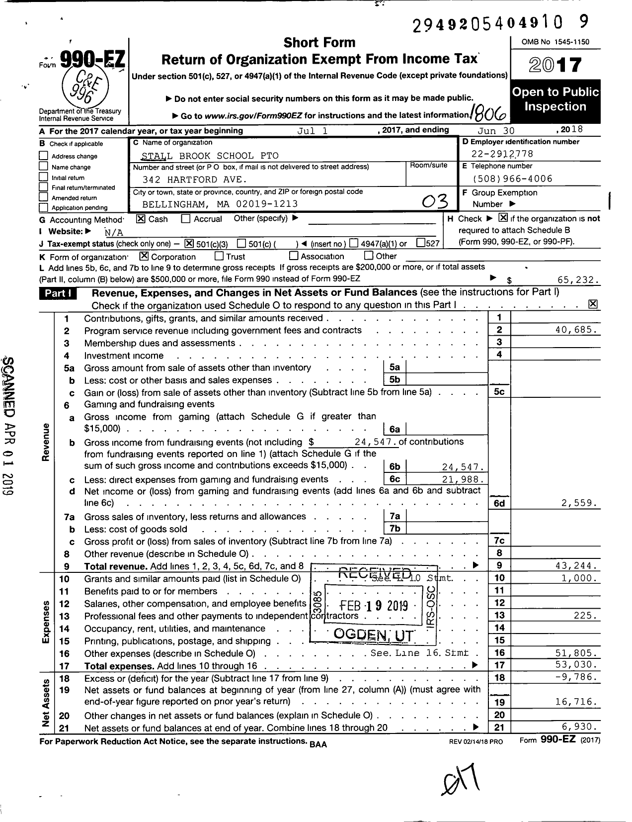 Image of first page of 2017 Form 990EZ for Stall Brook School Pto