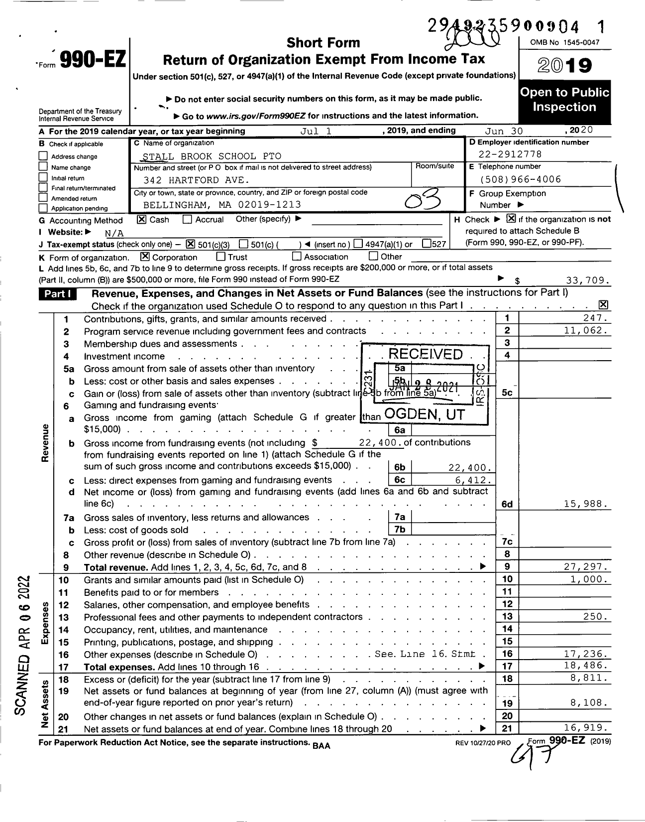 Image of first page of 2019 Form 990EZ for Stall Brook School Pto