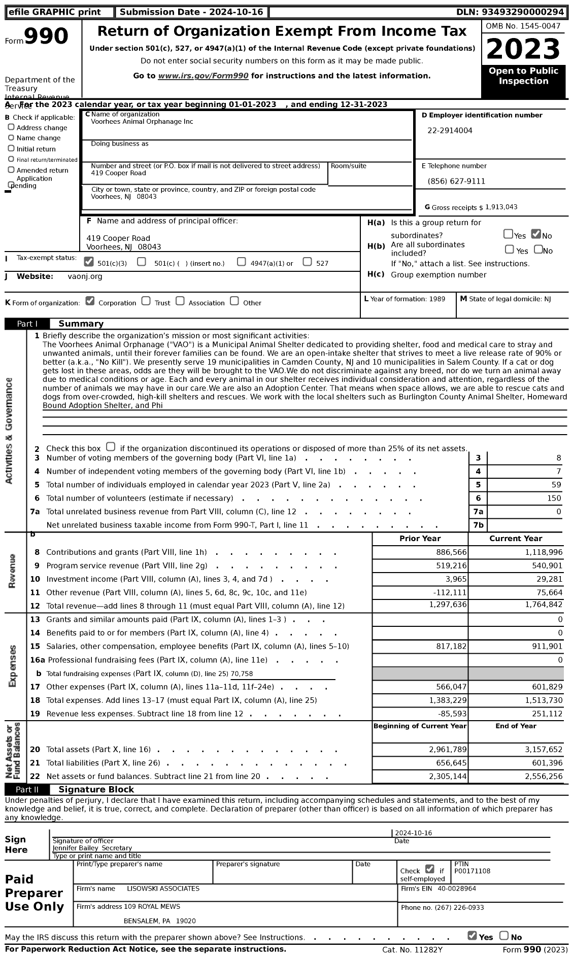 Image of first page of 2023 Form 990 for Voorhees Animal Orphanage