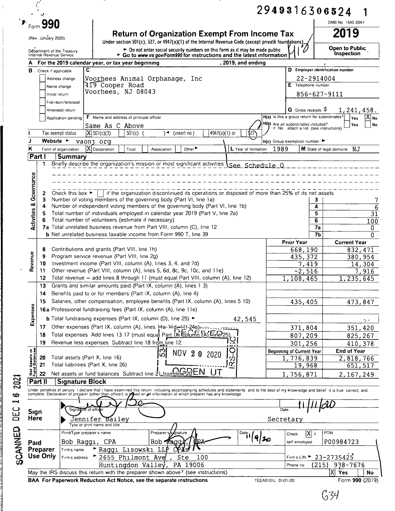Image of first page of 2019 Form 990 for Voorhees Animal Orphanage