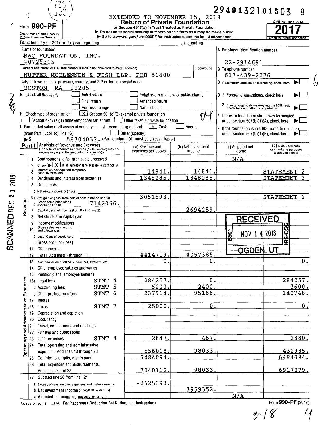 Image of first page of 2017 Form 990PF for MWC Foundation #0726315