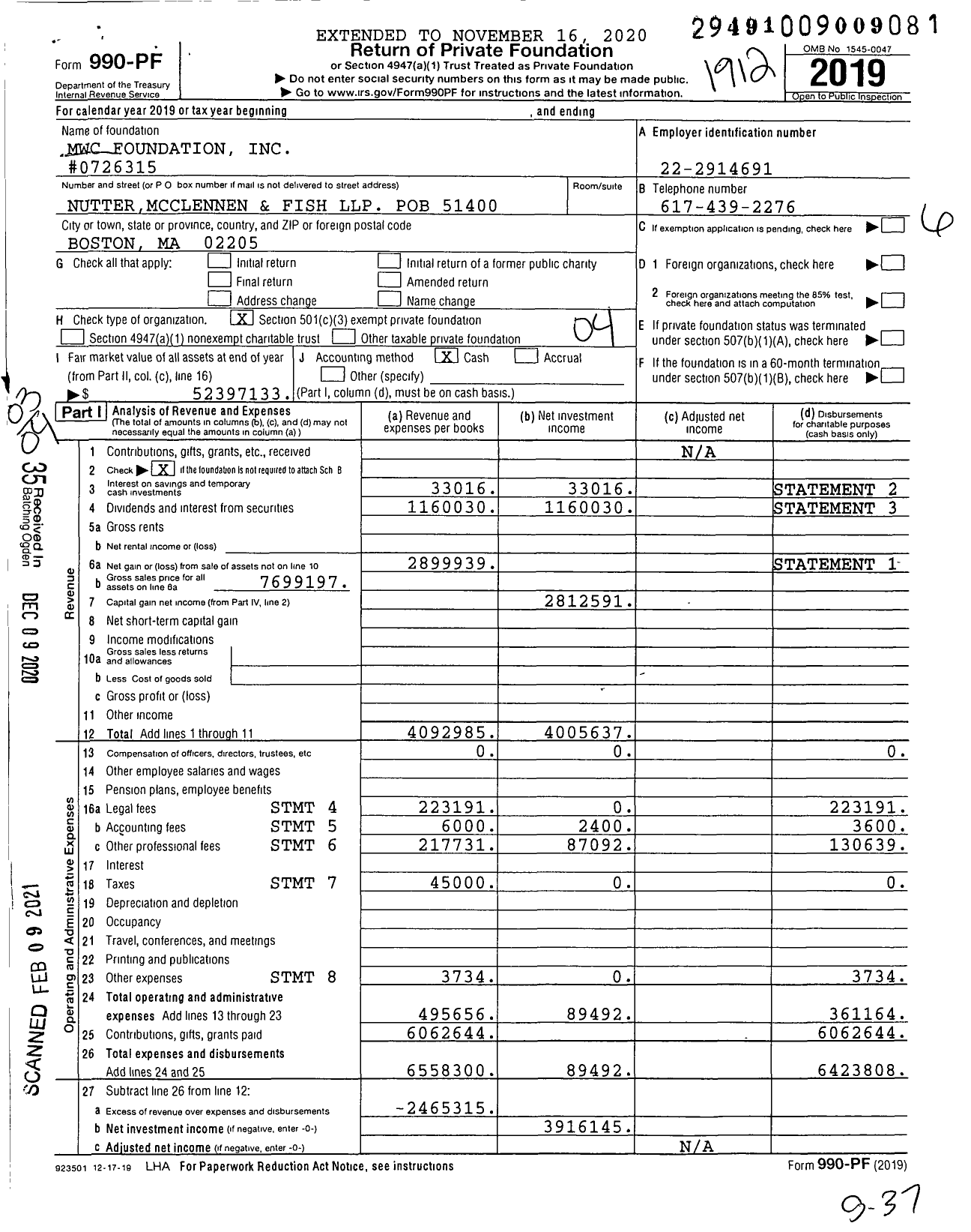 Image of first page of 2019 Form 990PF for MWC Foundation