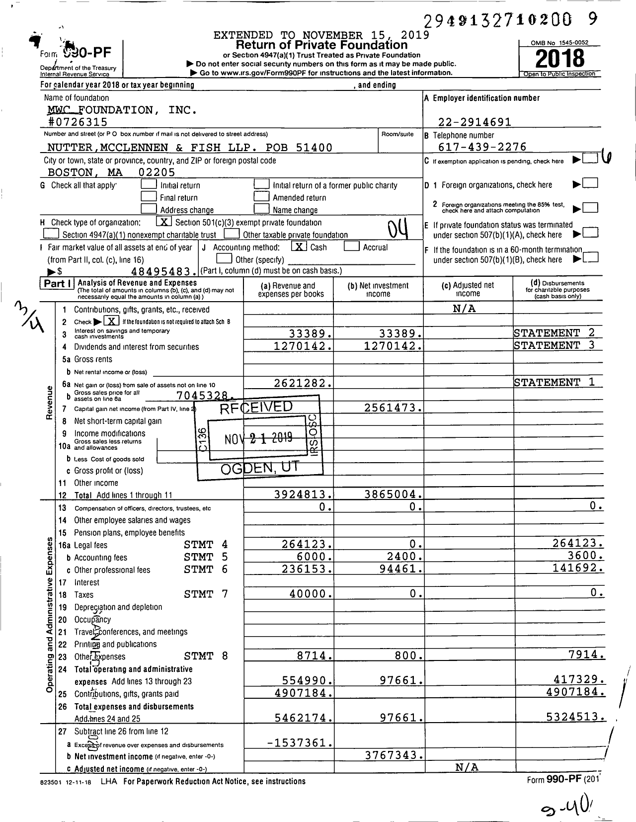 Image of first page of 2018 Form 990PF for MWC Foundation #0726315