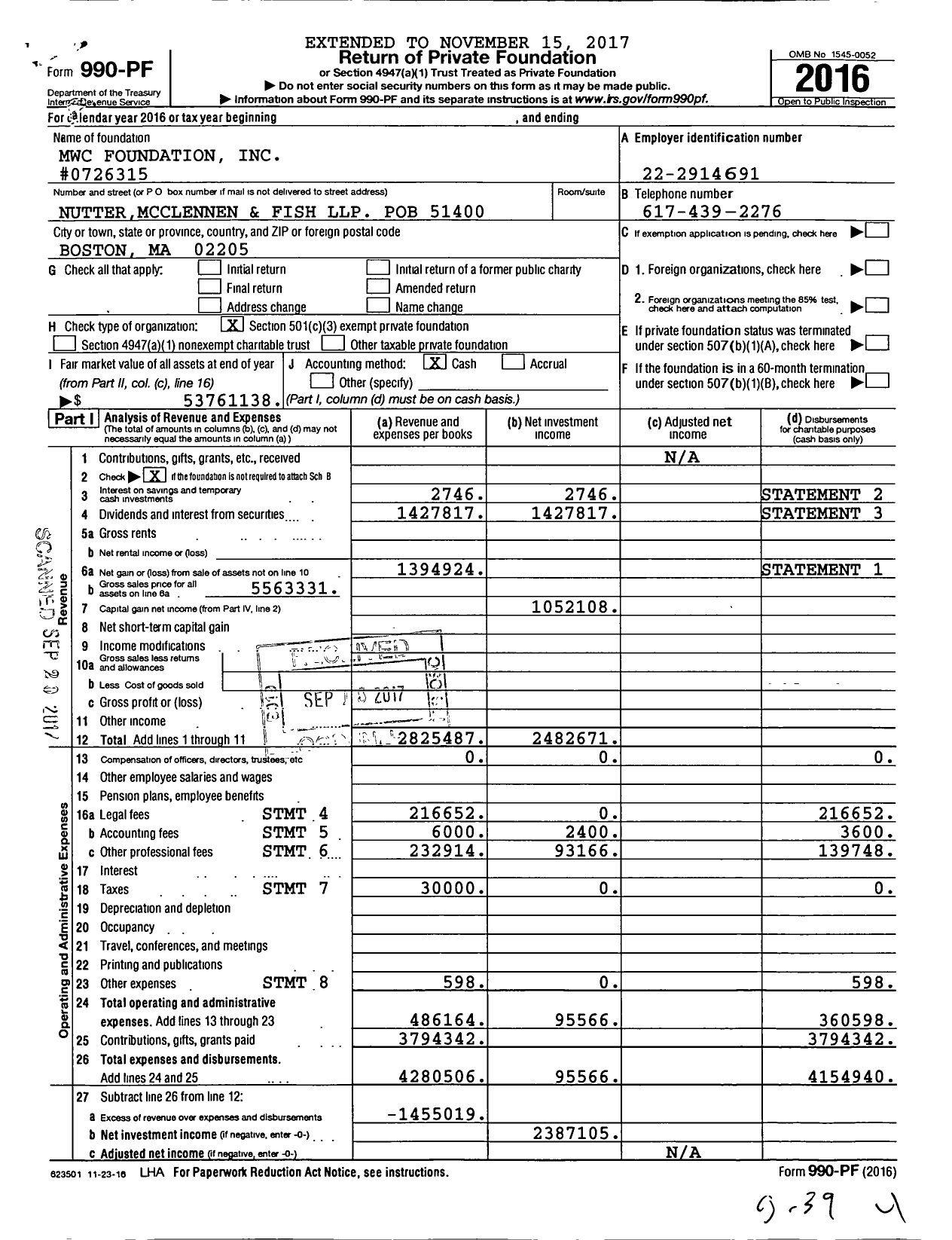 Image of first page of 2016 Form 990PF for MWC Foundation #0726315