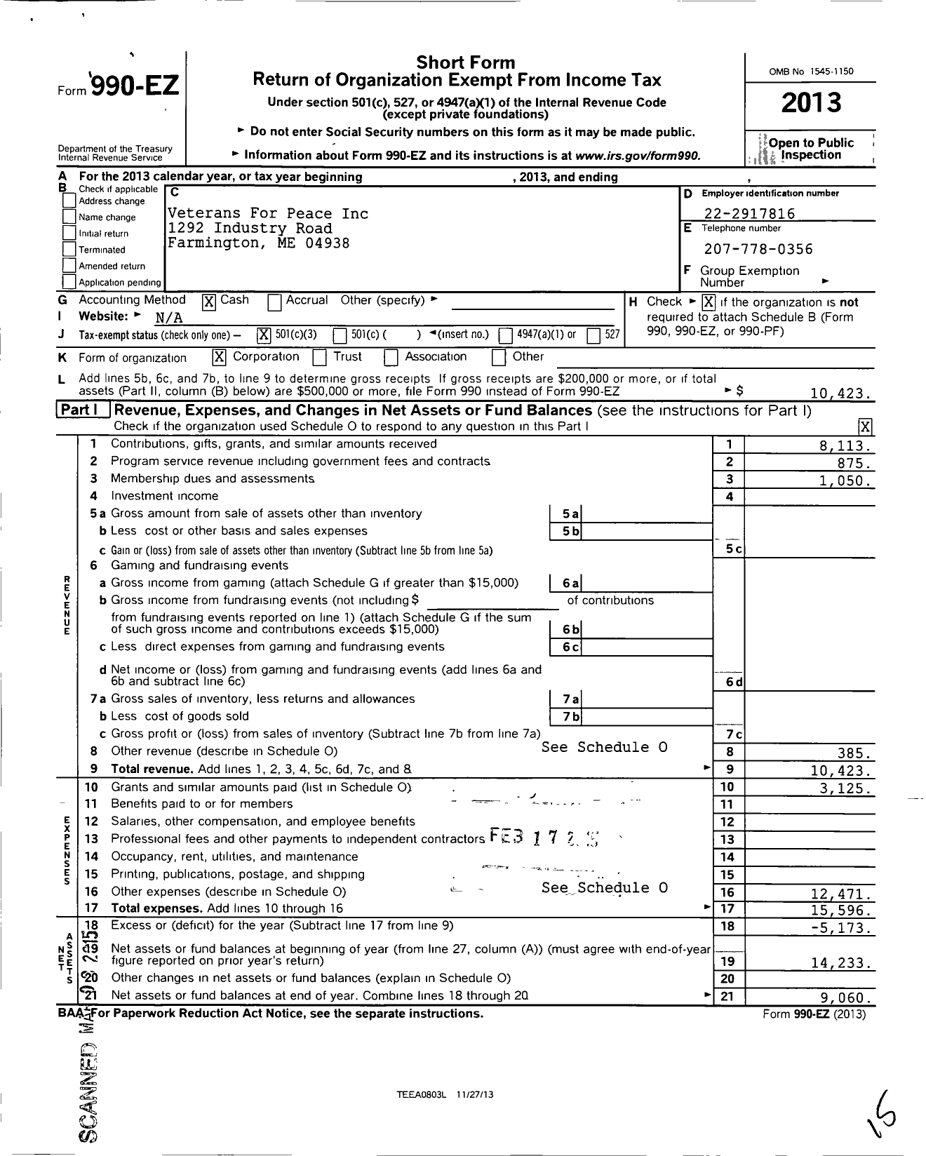 Image of first page of 2013 Form 990EZ for Veterans For Peace - 001 Tom Sturtevant Chapter