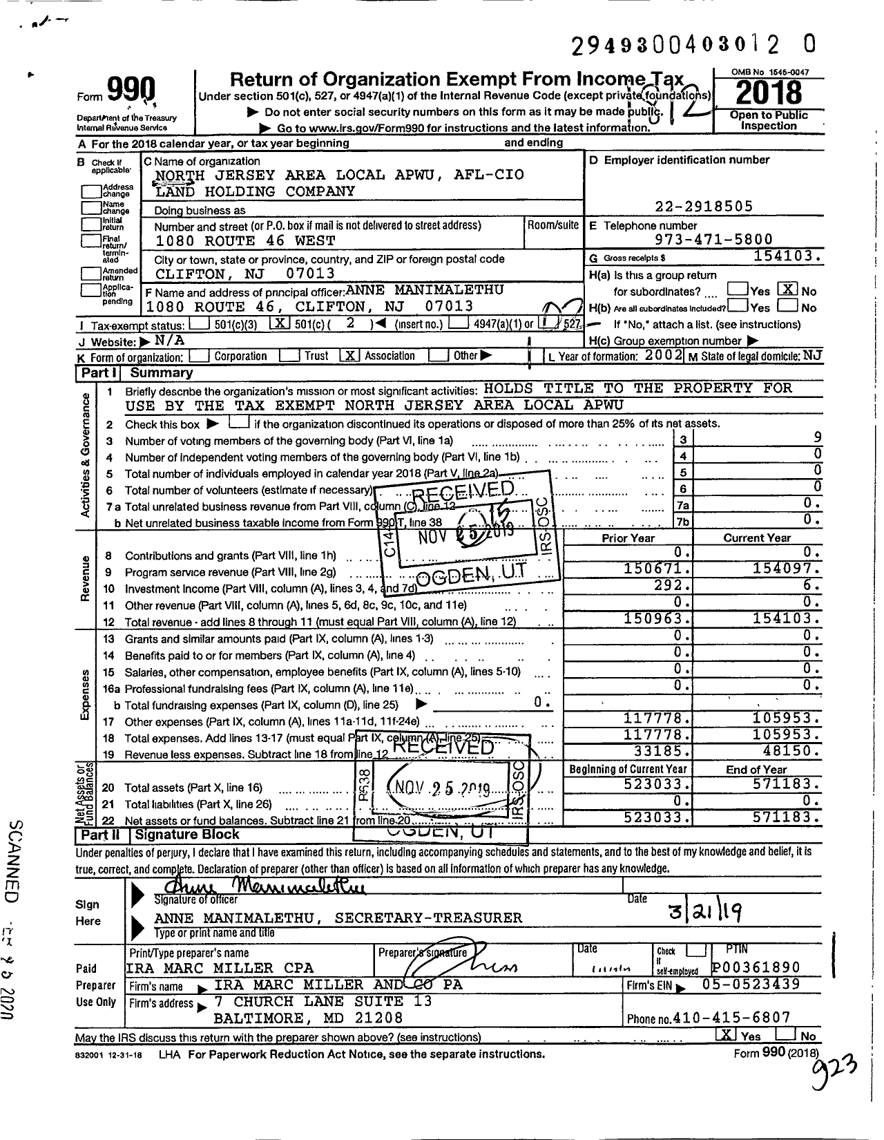 Image of first page of 2018 Form 990O for North Jersey Area Local Holding Company