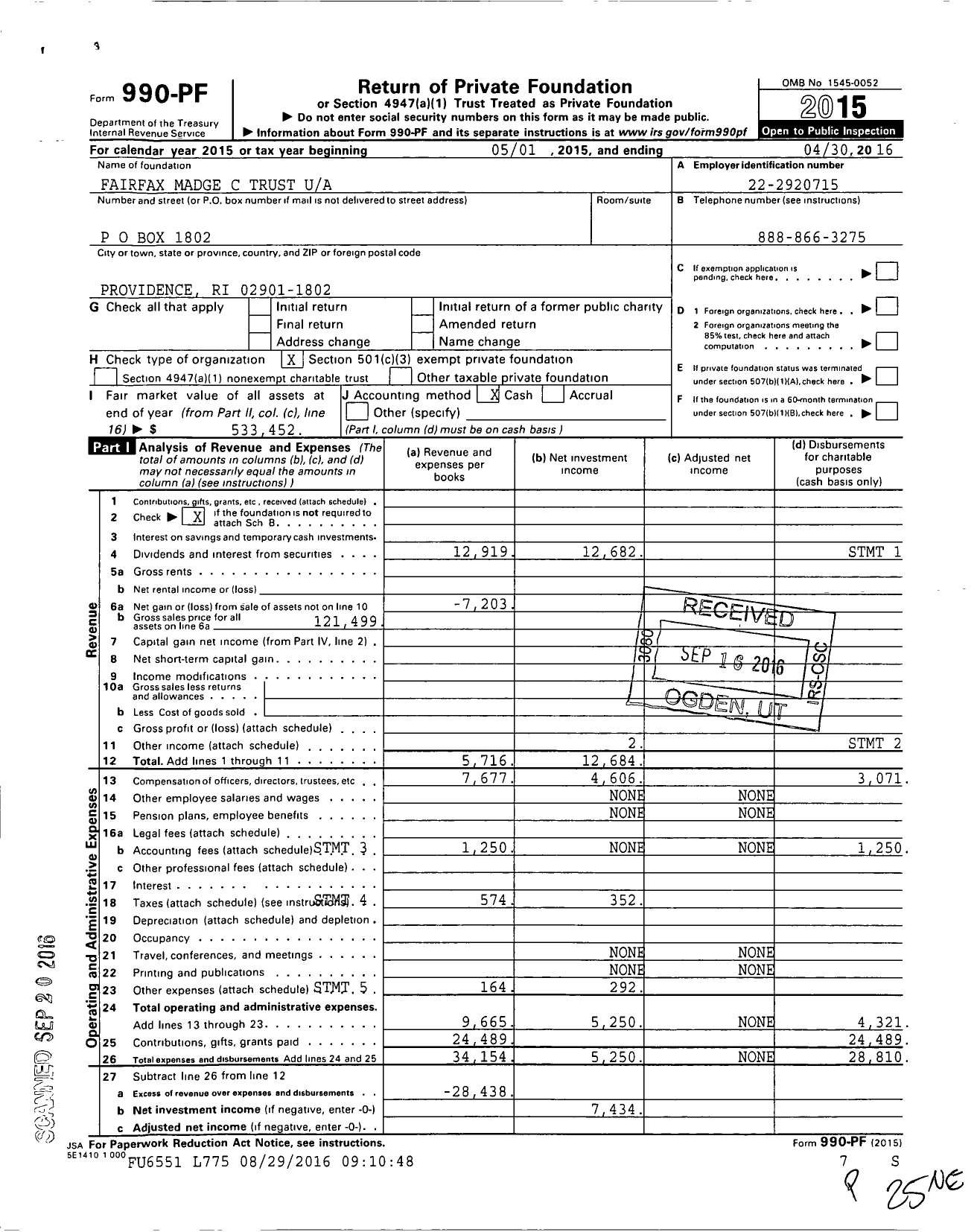 Image of first page of 2015 Form 990PF for Fairfax Madge C Trust