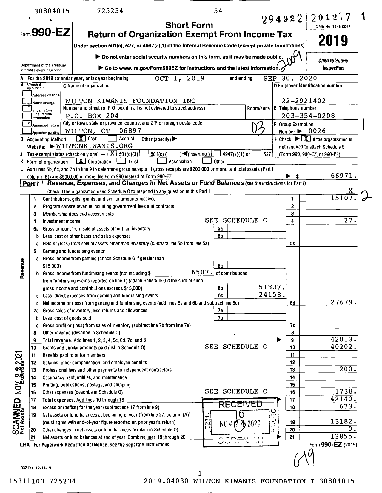 Image of first page of 2019 Form 990EZ for Wilton Kiwanis Foundation