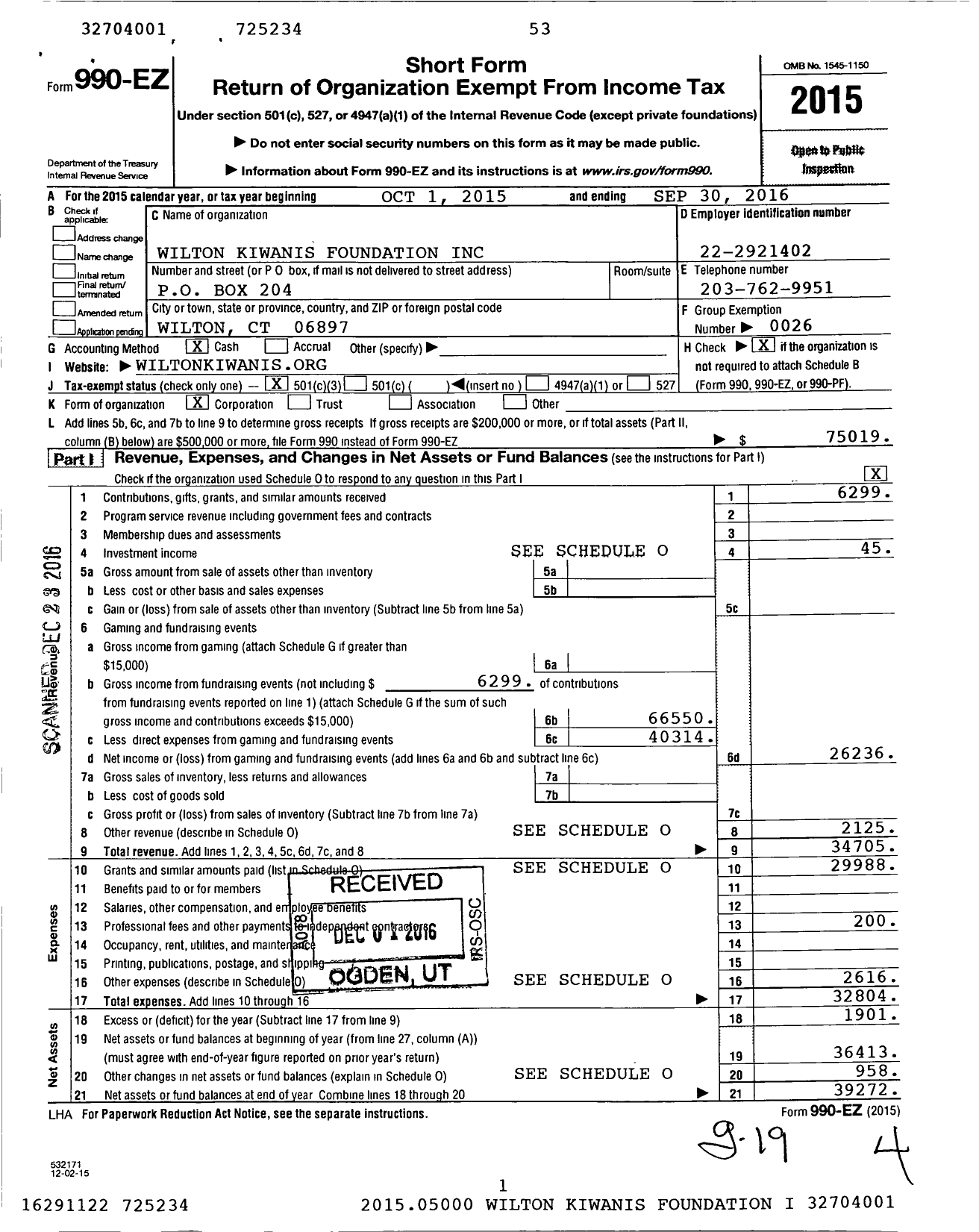 Image of first page of 2015 Form 990EZ for Wilton Kiwanis Foundation