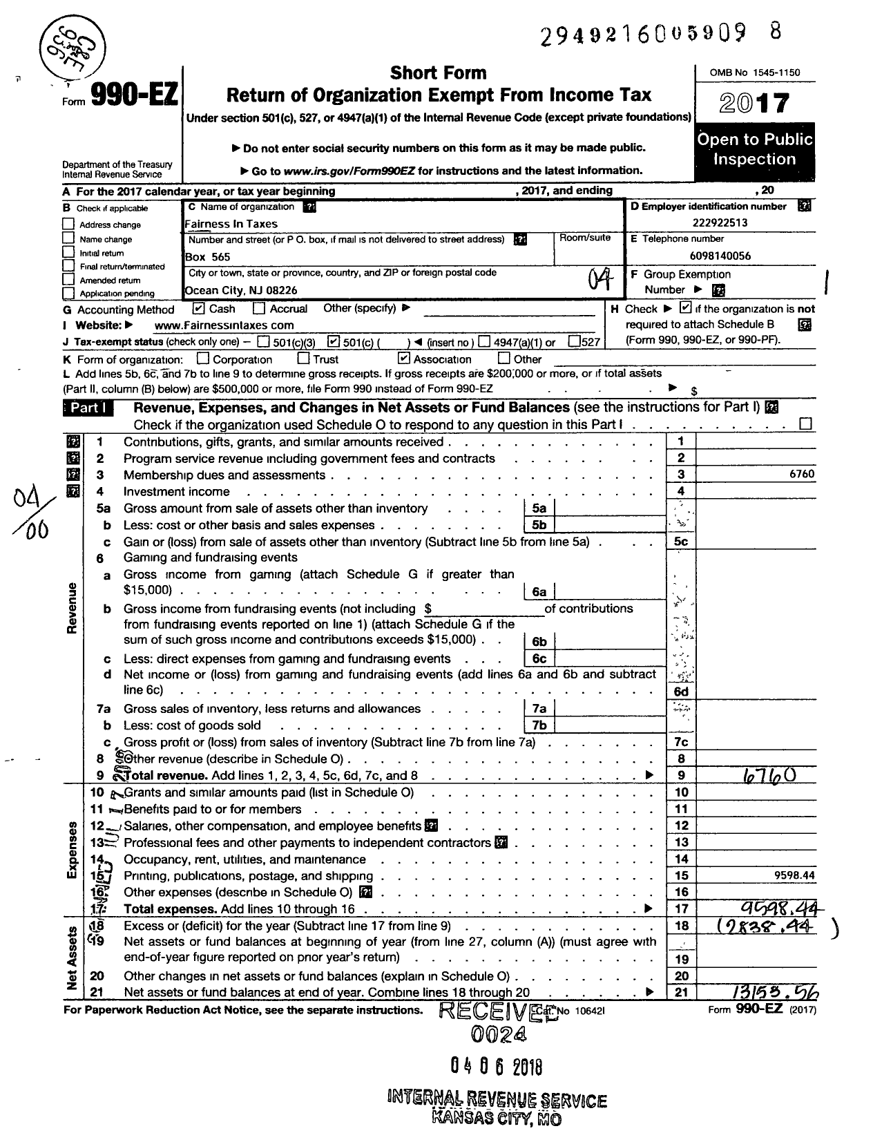 Image of first page of 2017 Form 990EO for Fairness in Taxes