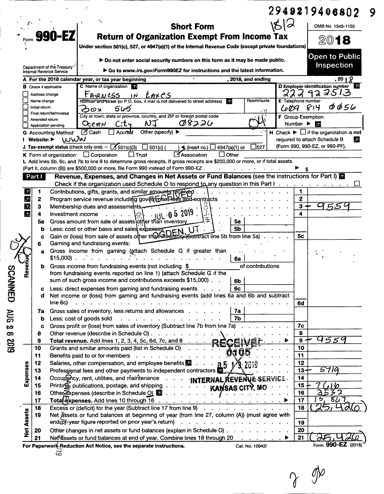 Image of first page of 2018 Form 990EO for Fairness in Taxes