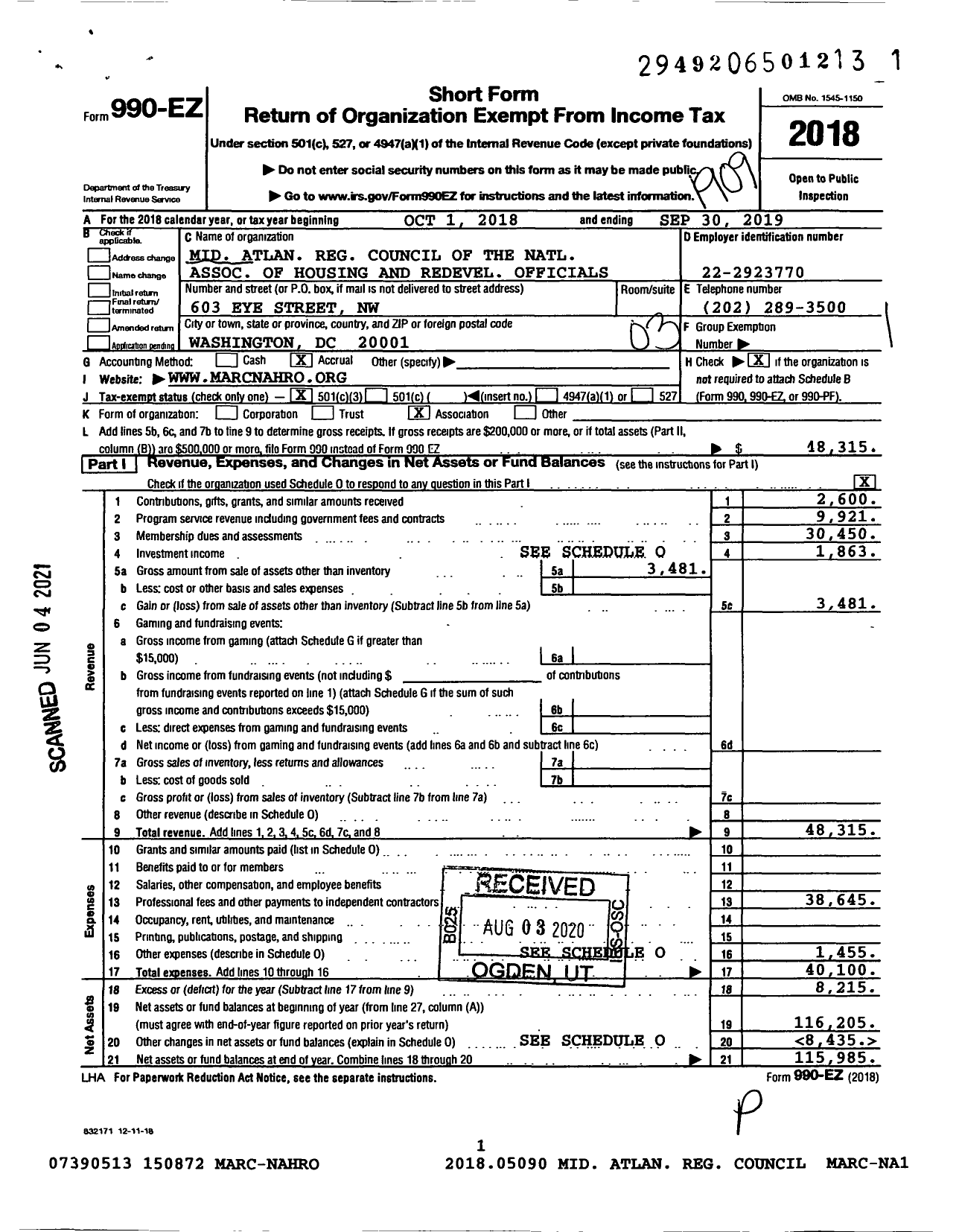 Image of first page of 2018 Form 990EZ for Mid Atlan Reg Council of the National Association of Housing and Redevel Officials