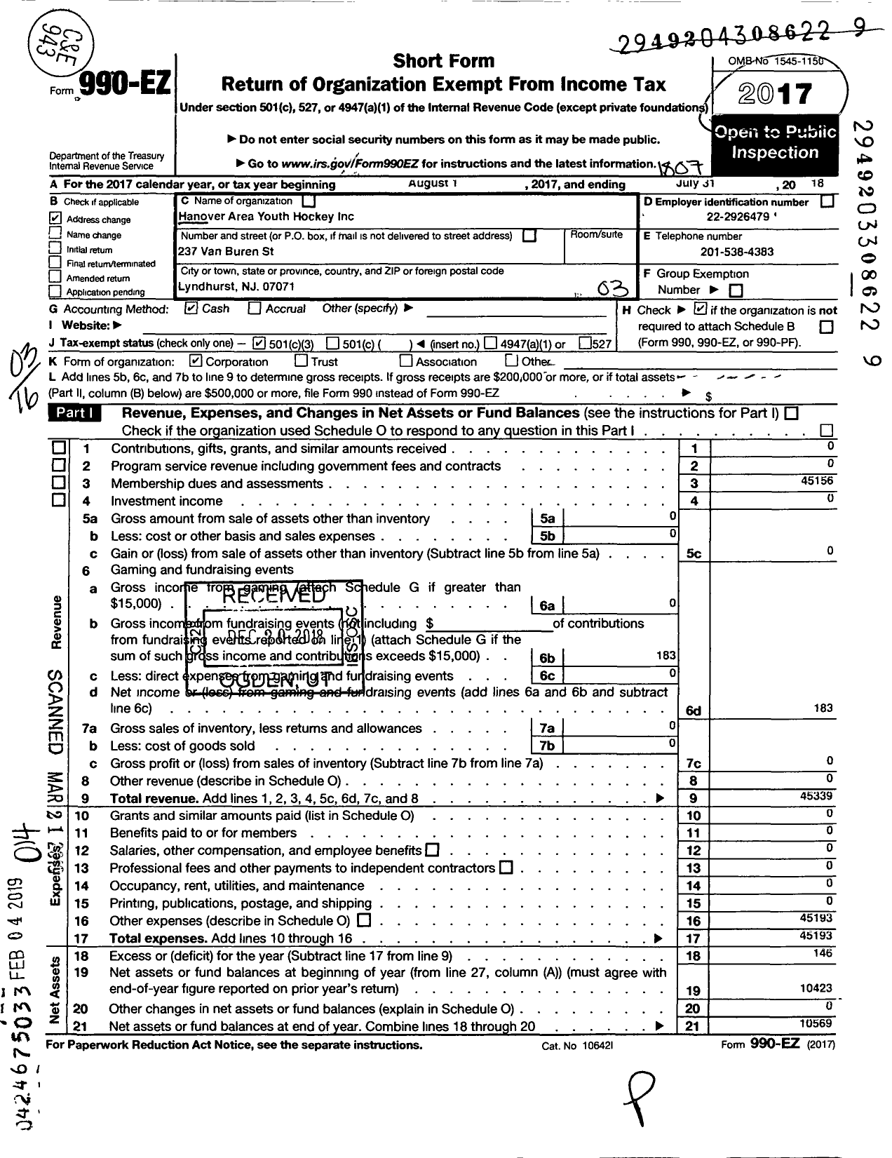 Image of first page of 2017 Form 990EZ for Hanover Area Youth Hockey