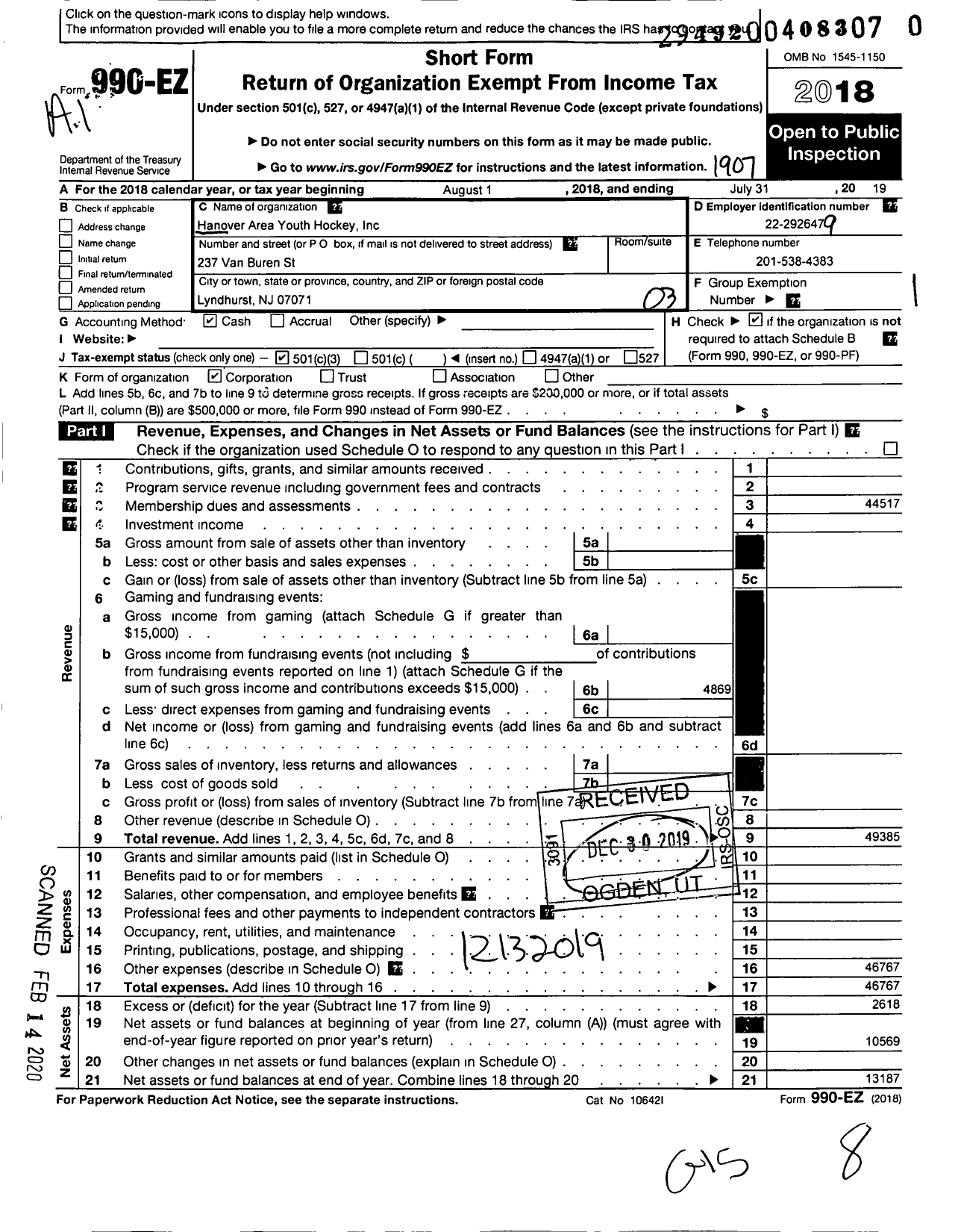 Image of first page of 2018 Form 990EZ for Hanover Area Youth Hockey