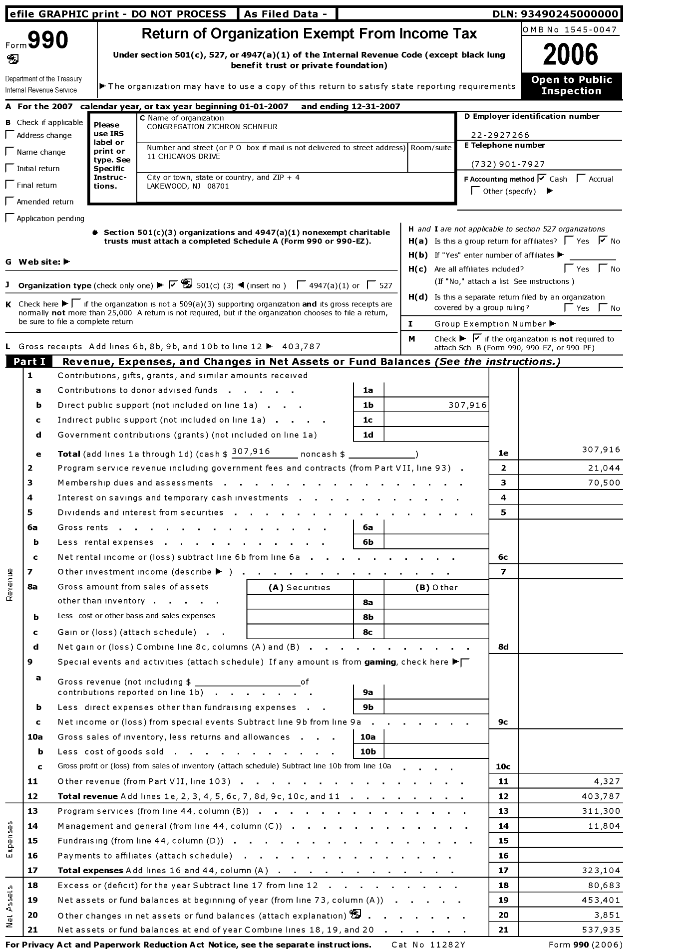 Image of first page of 2007 Form 990 for Congregation Zichron Schneur