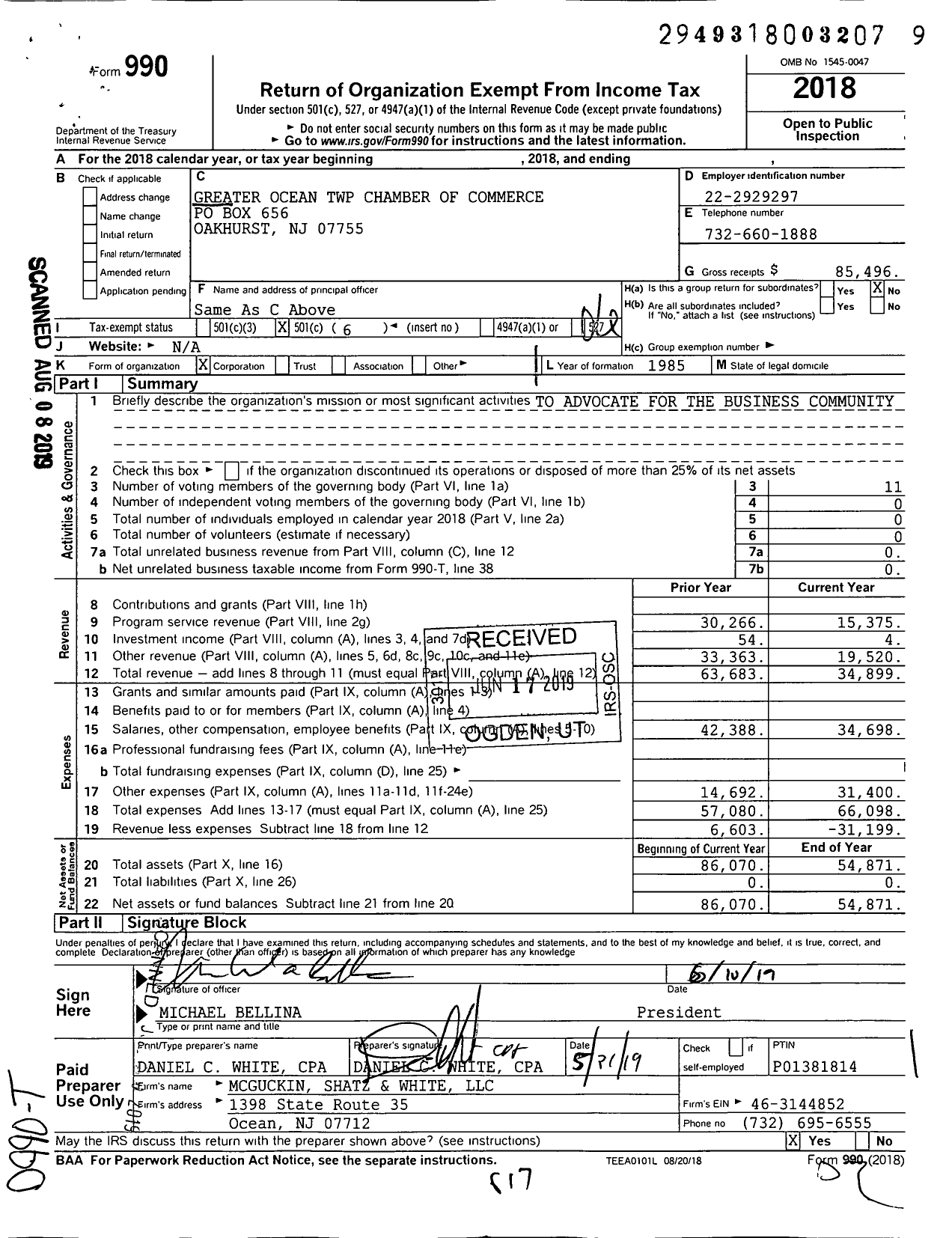 Image of first page of 2018 Form 990O for Greater Ocean TWP Chamber of Commerce