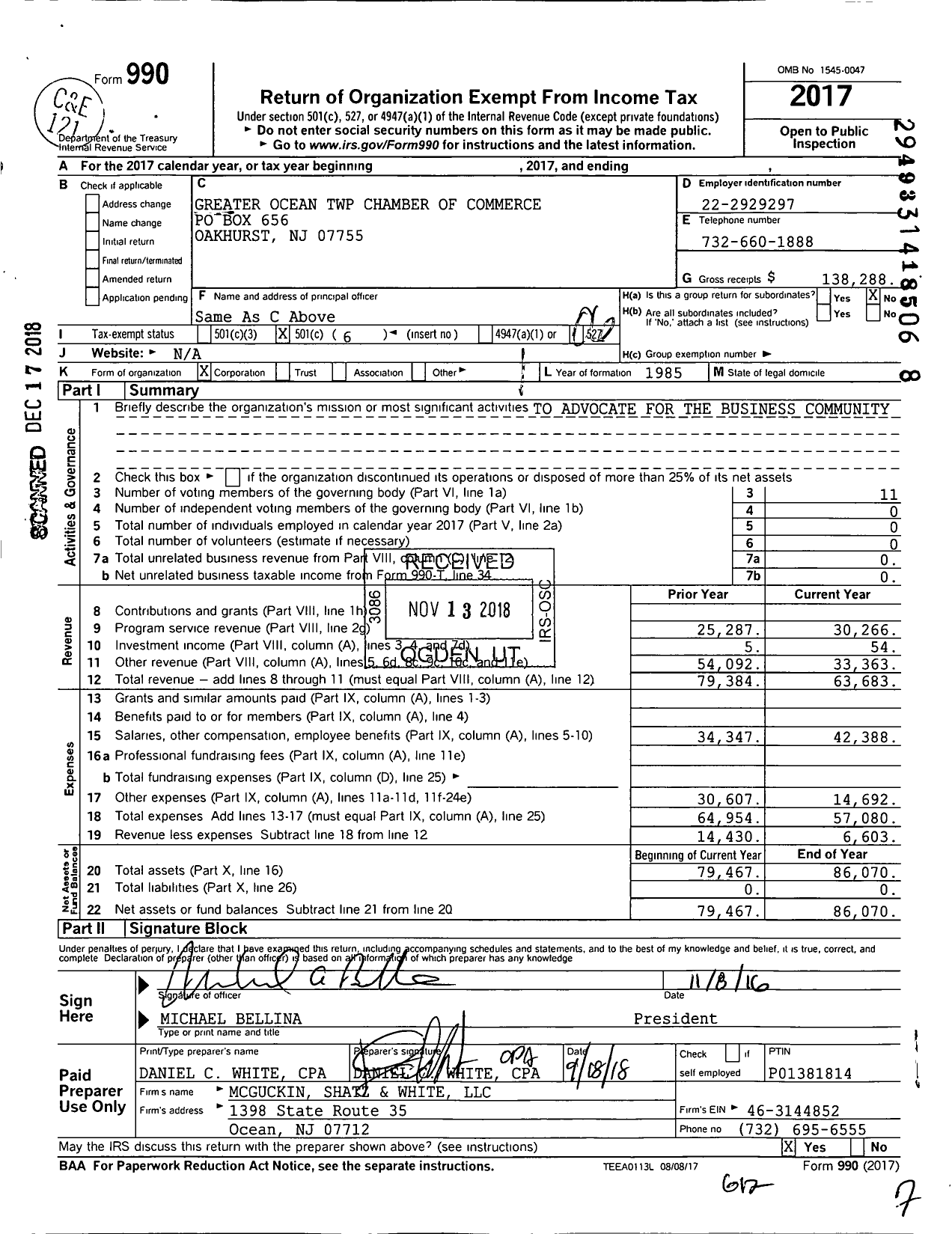 Image of first page of 2017 Form 990O for Greater Ocean TWP Chamber of Commerce