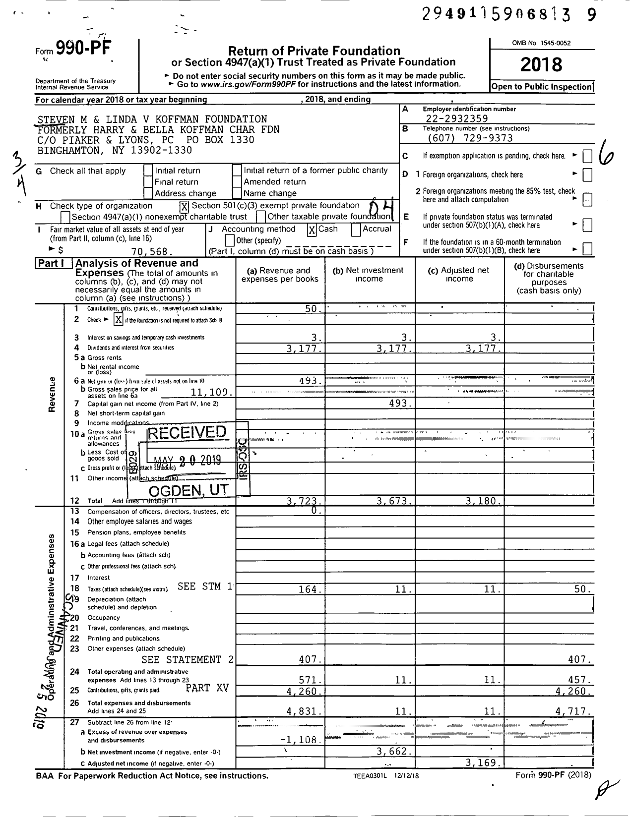 Image of first page of 2018 Form 990PF for Steven M and Linda V Koffman Foundation