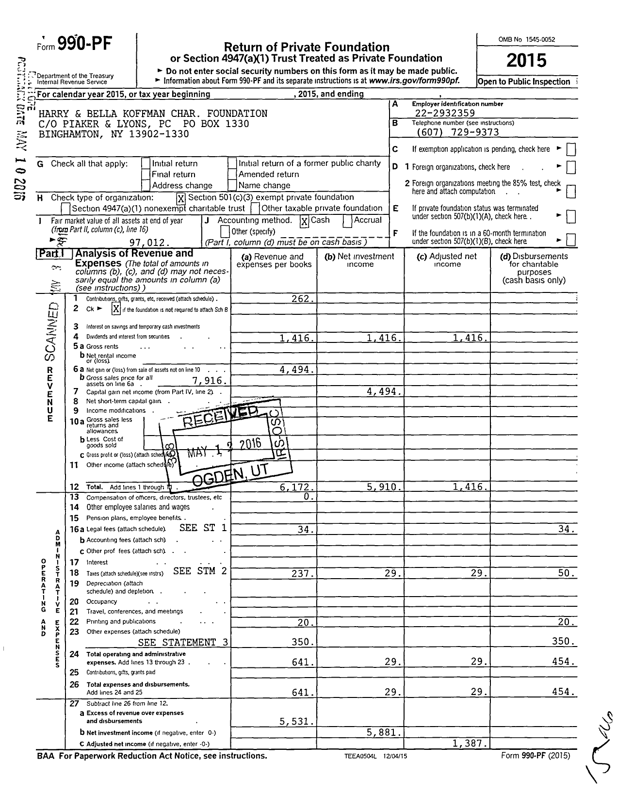 Image of first page of 2015 Form 990PF for Steven M and Linda V Koffman Foundation