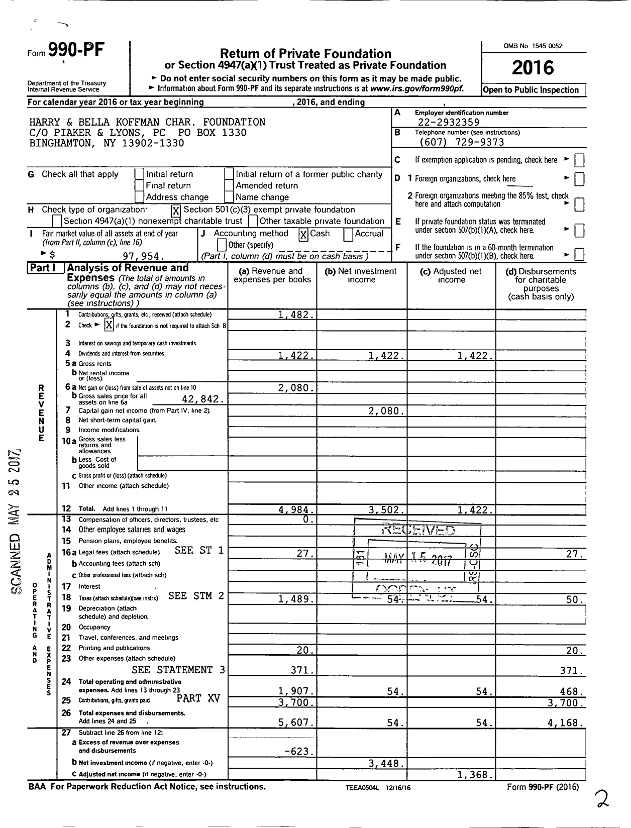 Image of first page of 2016 Form 990PF for Steven M and Linda V Koffman Foundation