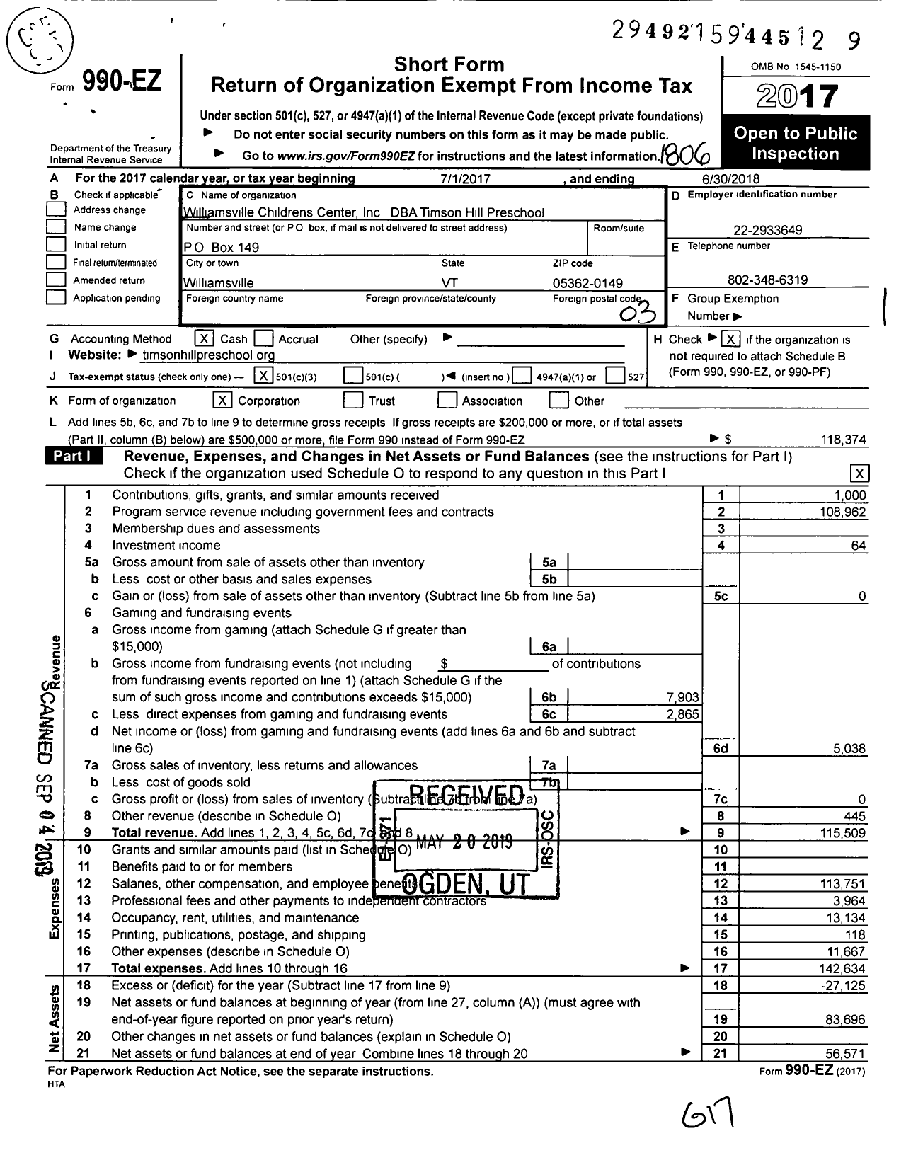 Image of first page of 2017 Form 990EZ for Timson Hill Preschool