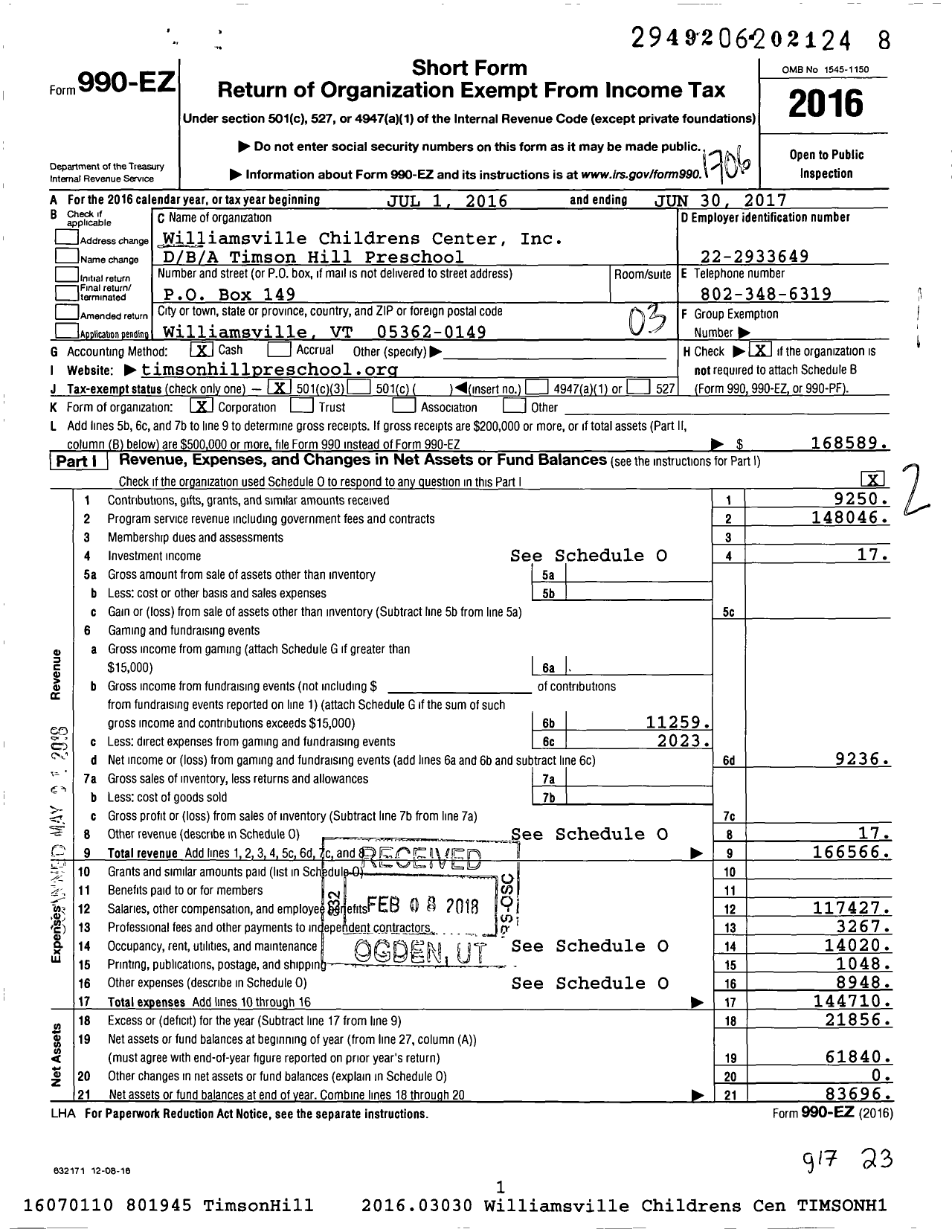 Image of first page of 2016 Form 990EZ for Timson Hill Preschool