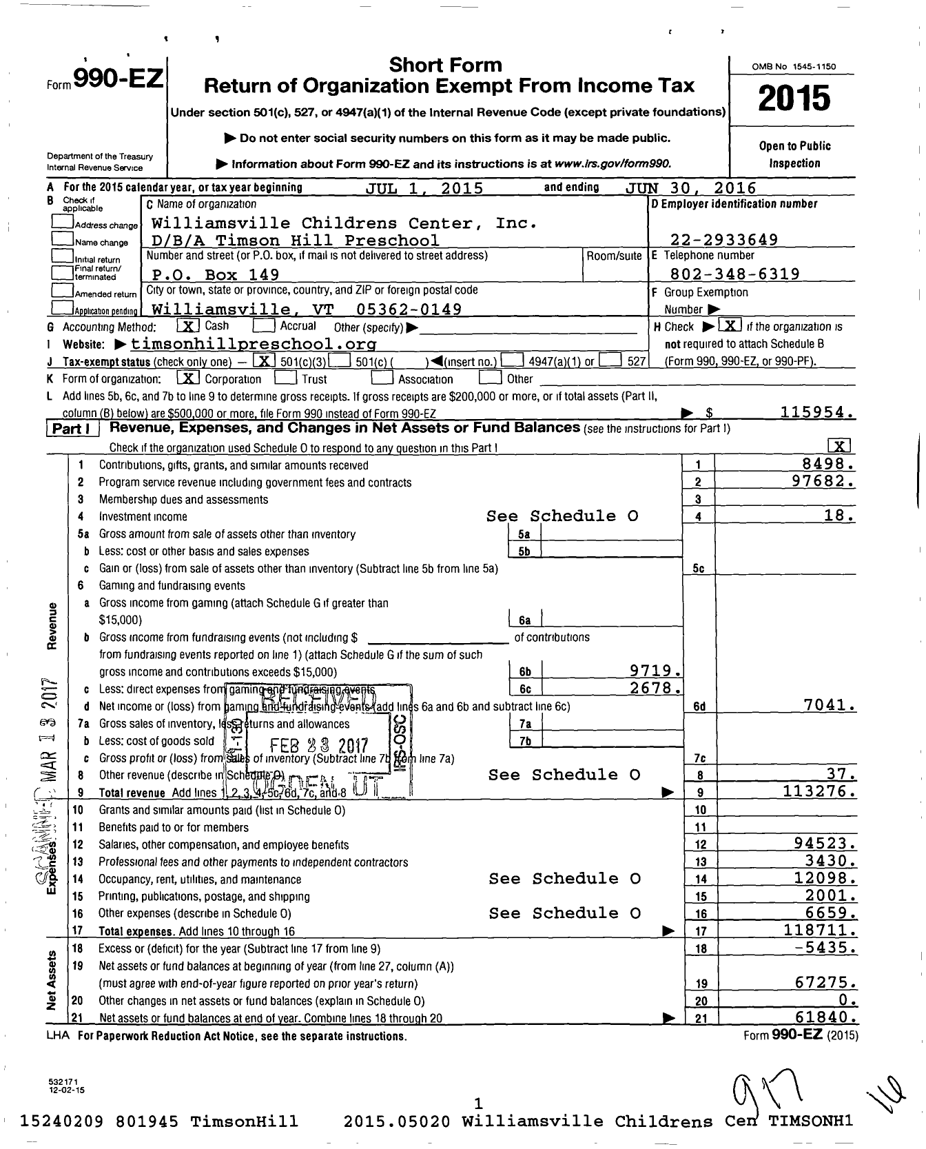 Image of first page of 2015 Form 990EZ for Timson Hill Preschool