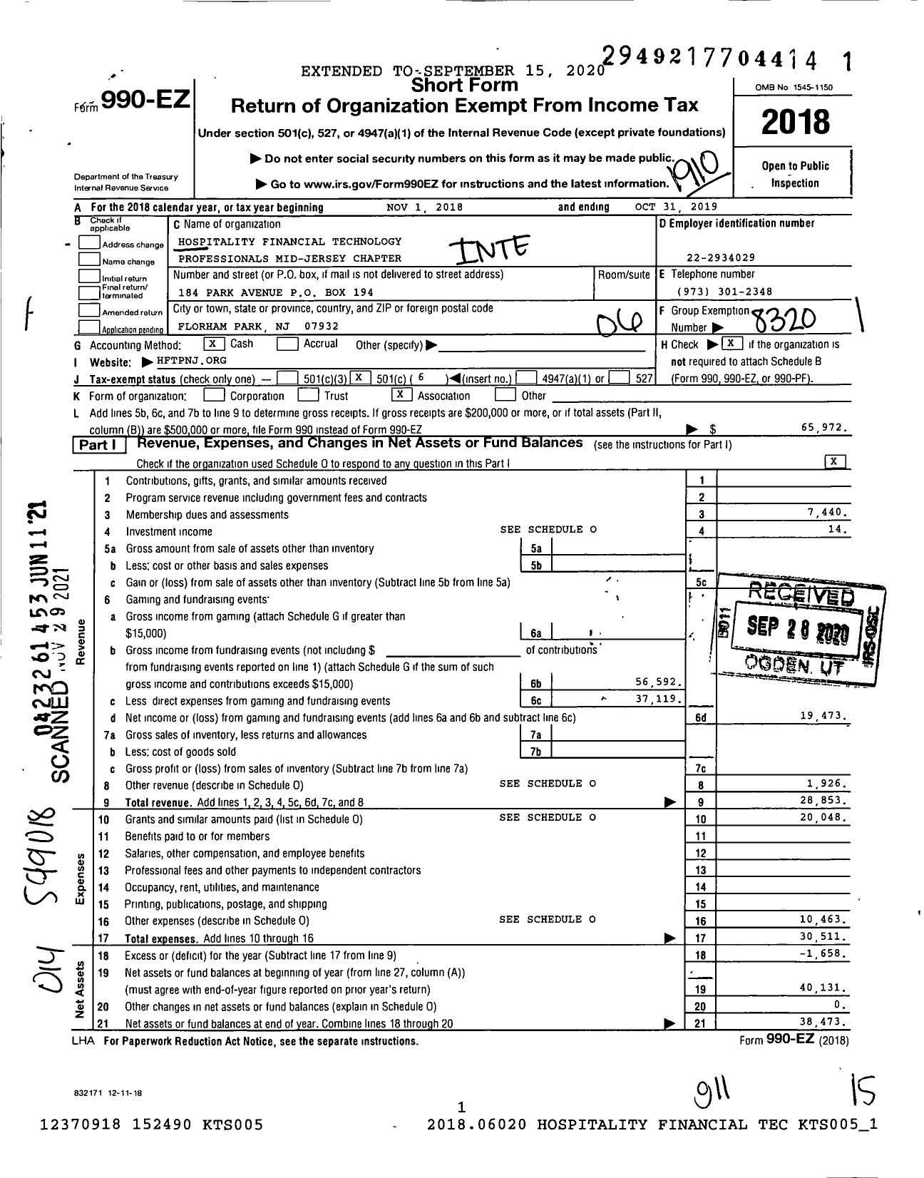 Image of first page of 2018 Form 990EO for HOSPITALITY FINANCIAL TECHNOLOGY professionalS mid-jersey chapter